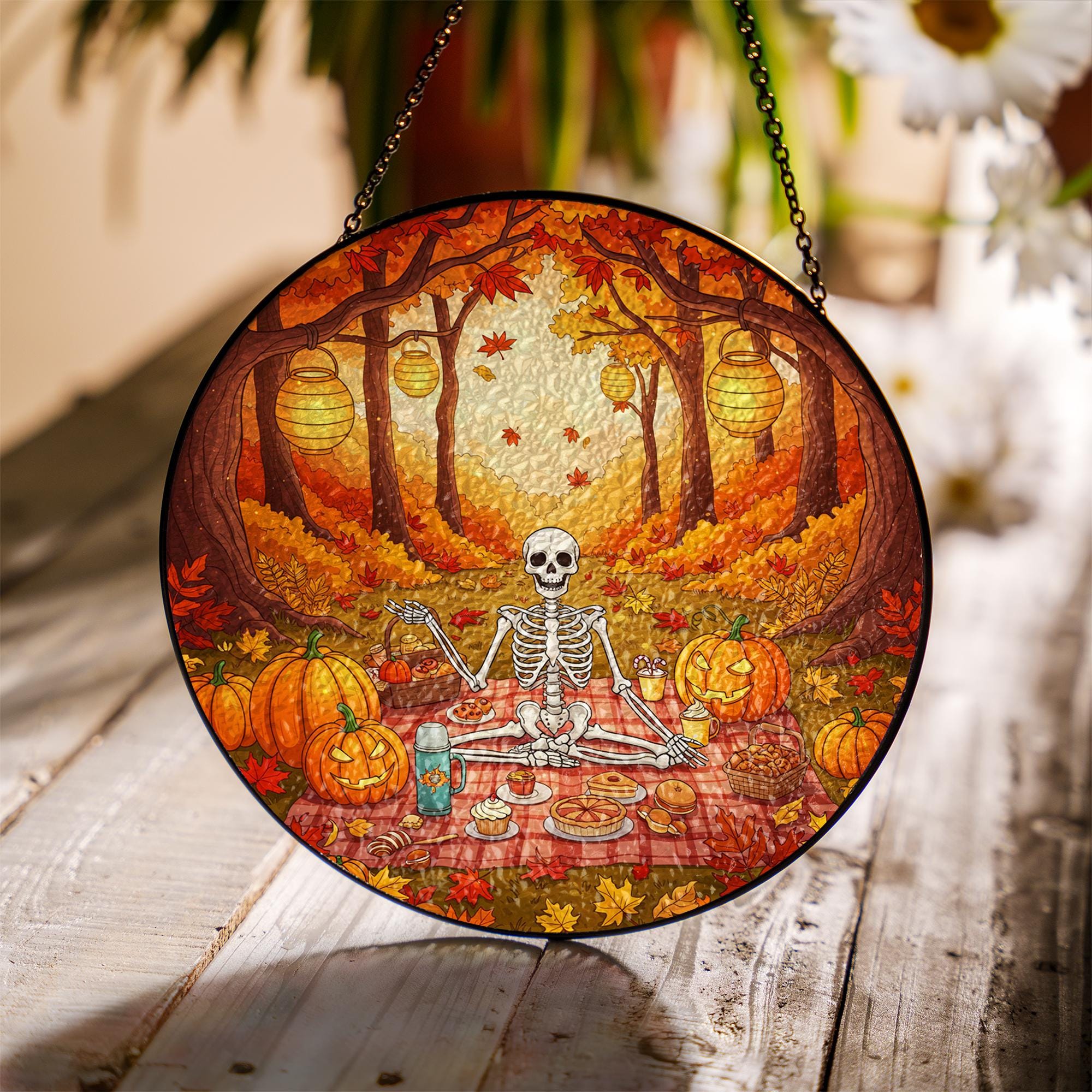 Skeleton Picnic Suncatcher – Halloween Autumn Window Decor with Pumpkins & Leaves