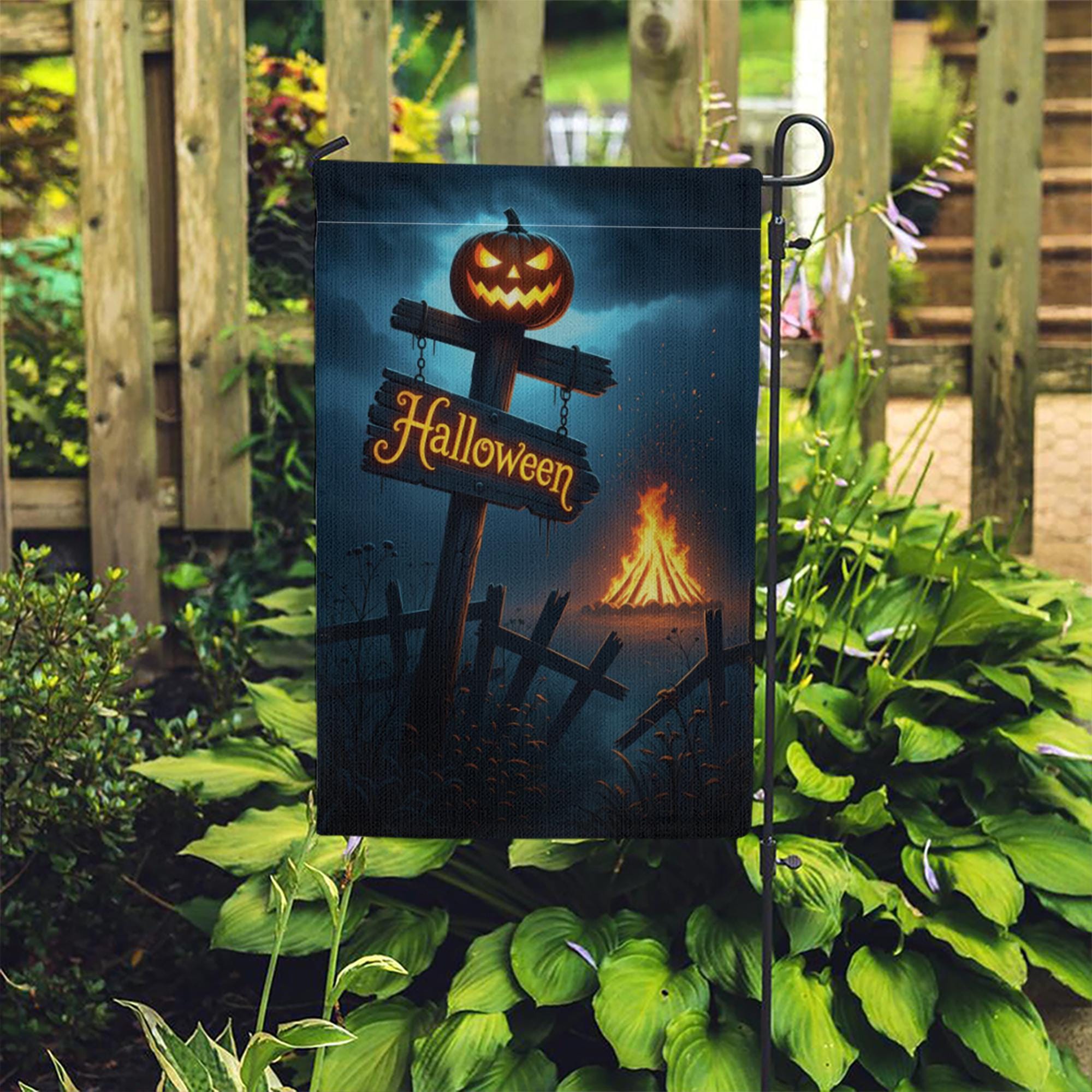 Spooky Halloween Garden Flag | Jack-o'-Lantern Yard Decor | Bonfire Night Banner | Festive Outdoor Sign