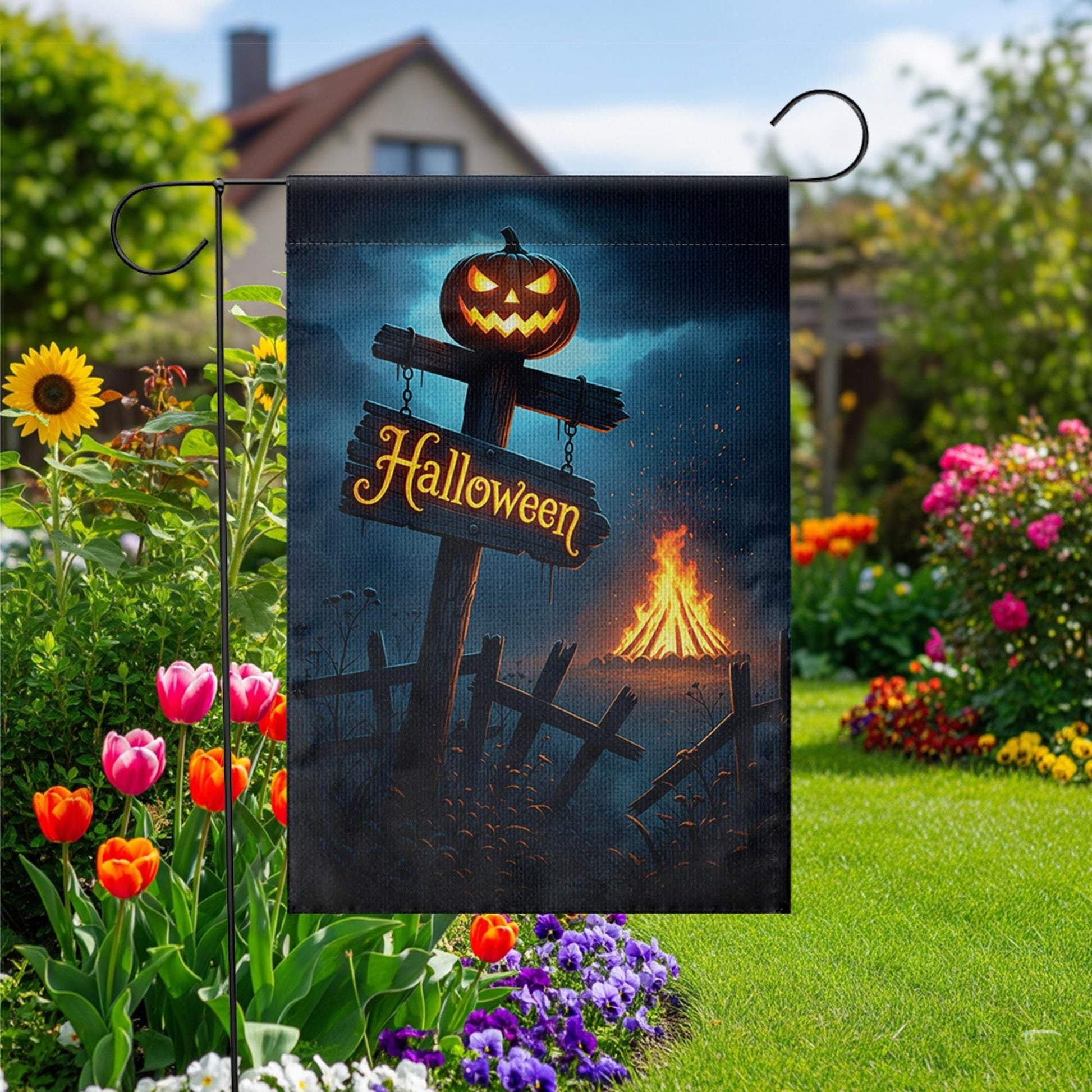 Spooky Halloween Garden Flag | Jack-o'-Lantern Yard Decor | Bonfire Night Banner | Festive Outdoor Sign