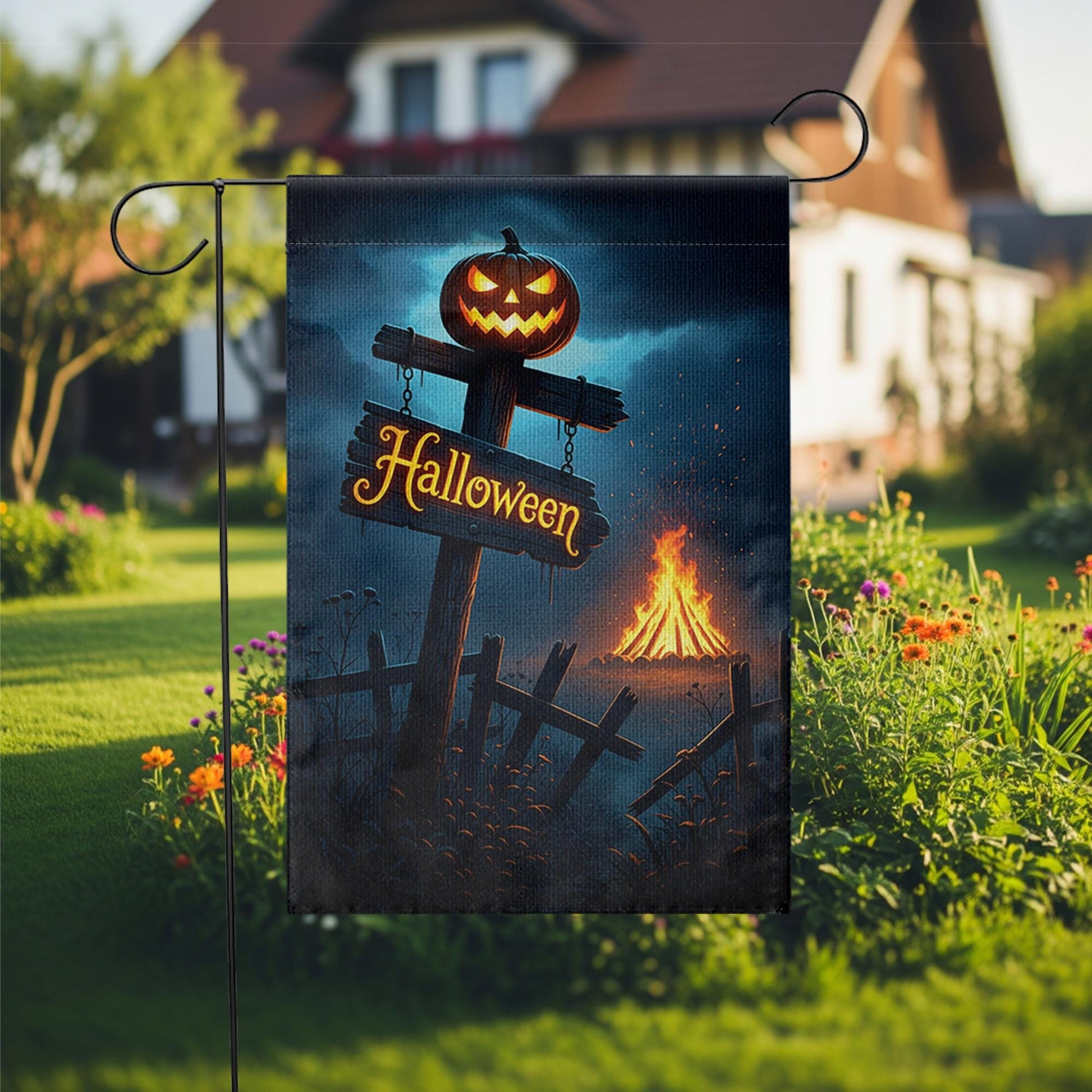 Spooky Halloween Garden Flag | Jack-o'-Lantern Yard Decor | Bonfire Night Banner | Festive Outdoor Sign