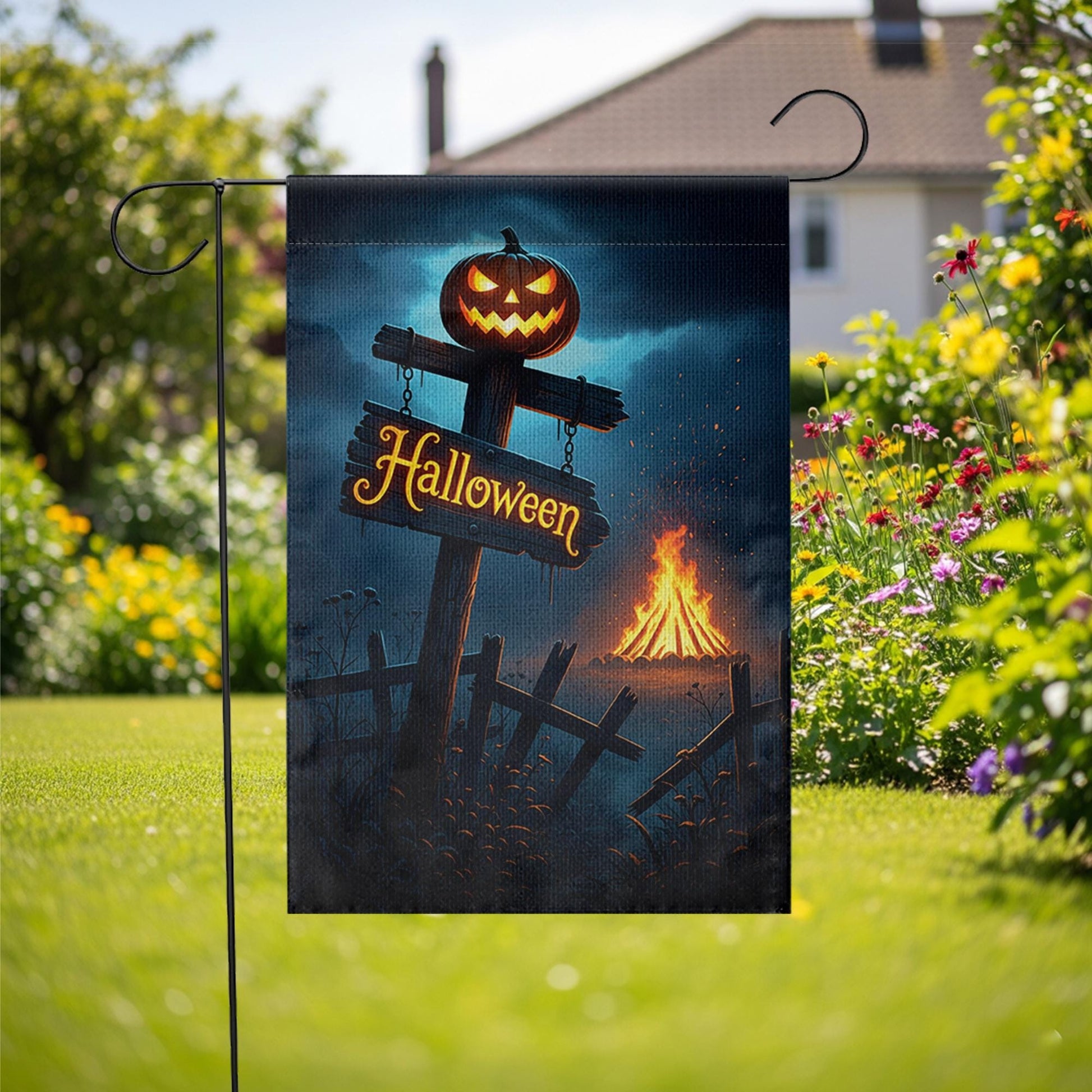 Spooky Halloween Garden Flag | Jack-o'-Lantern Yard Decor | Bonfire Night Banner | Festive Outdoor Sign