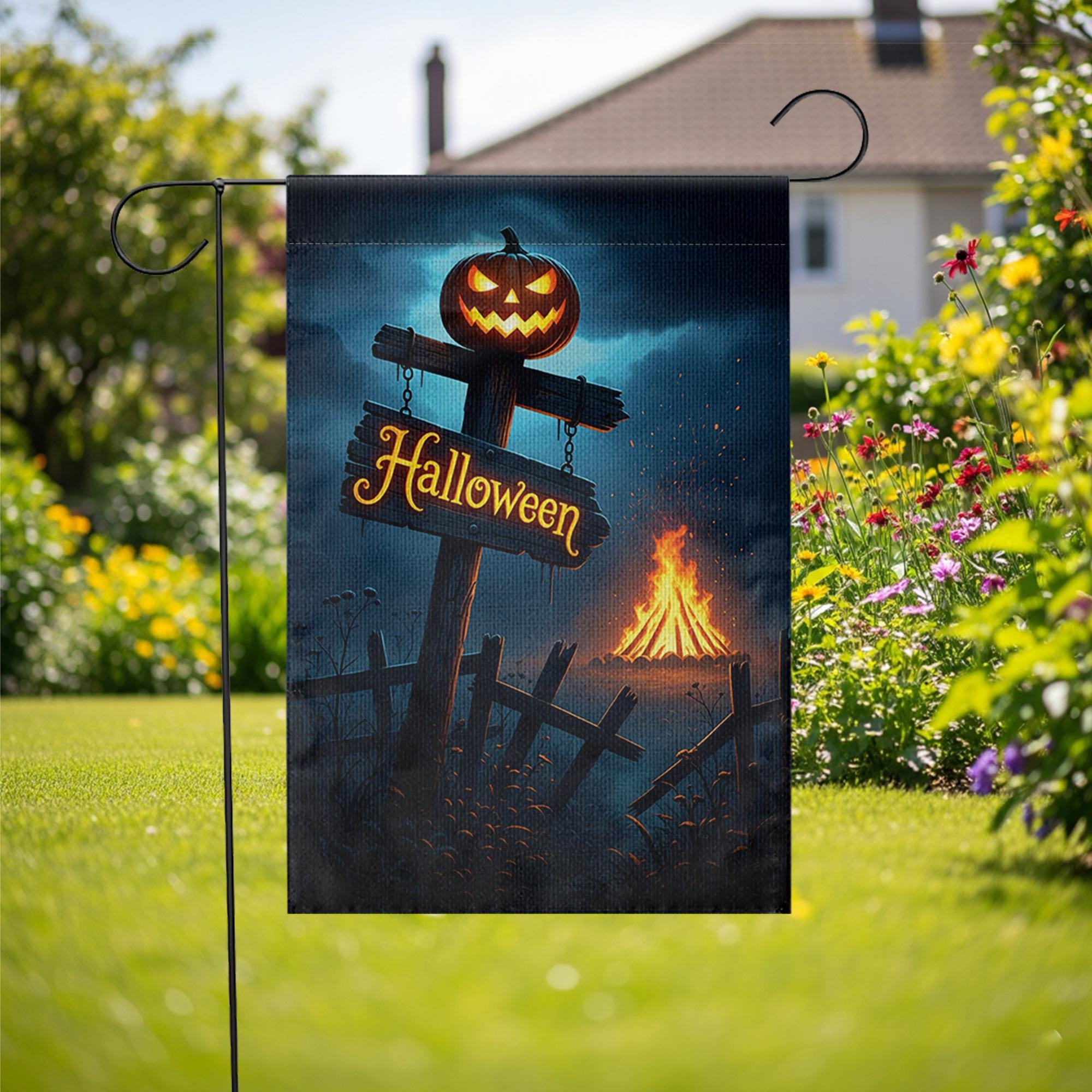 Spooky Halloween Garden Flag | Jack-o'-Lantern Yard Decor | Bonfire Night Banner | Festive Outdoor Sign