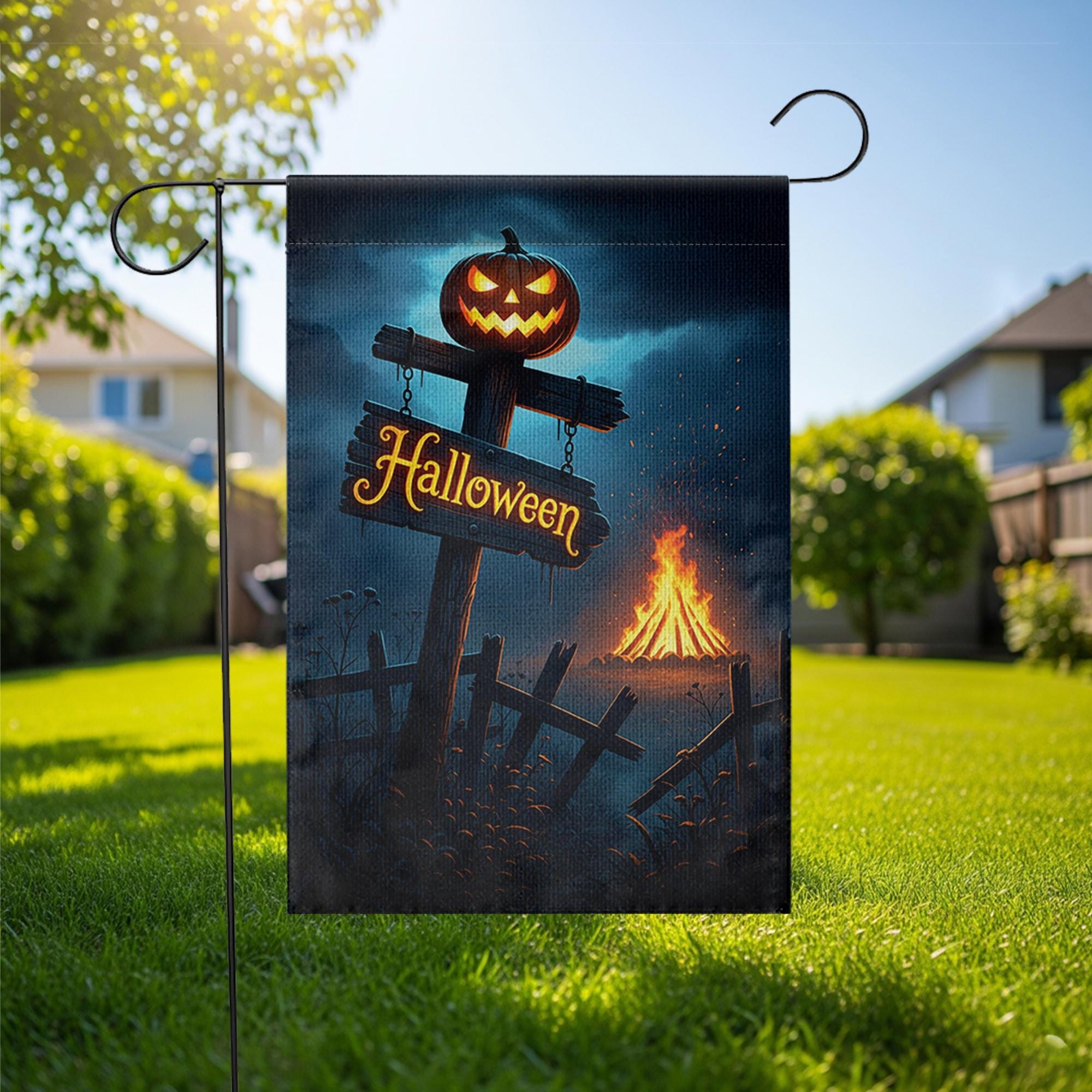 Spooky Halloween Garden Flag | Jack-o'-Lantern Yard Decor | Bonfire Night Banner | Festive Outdoor Sign