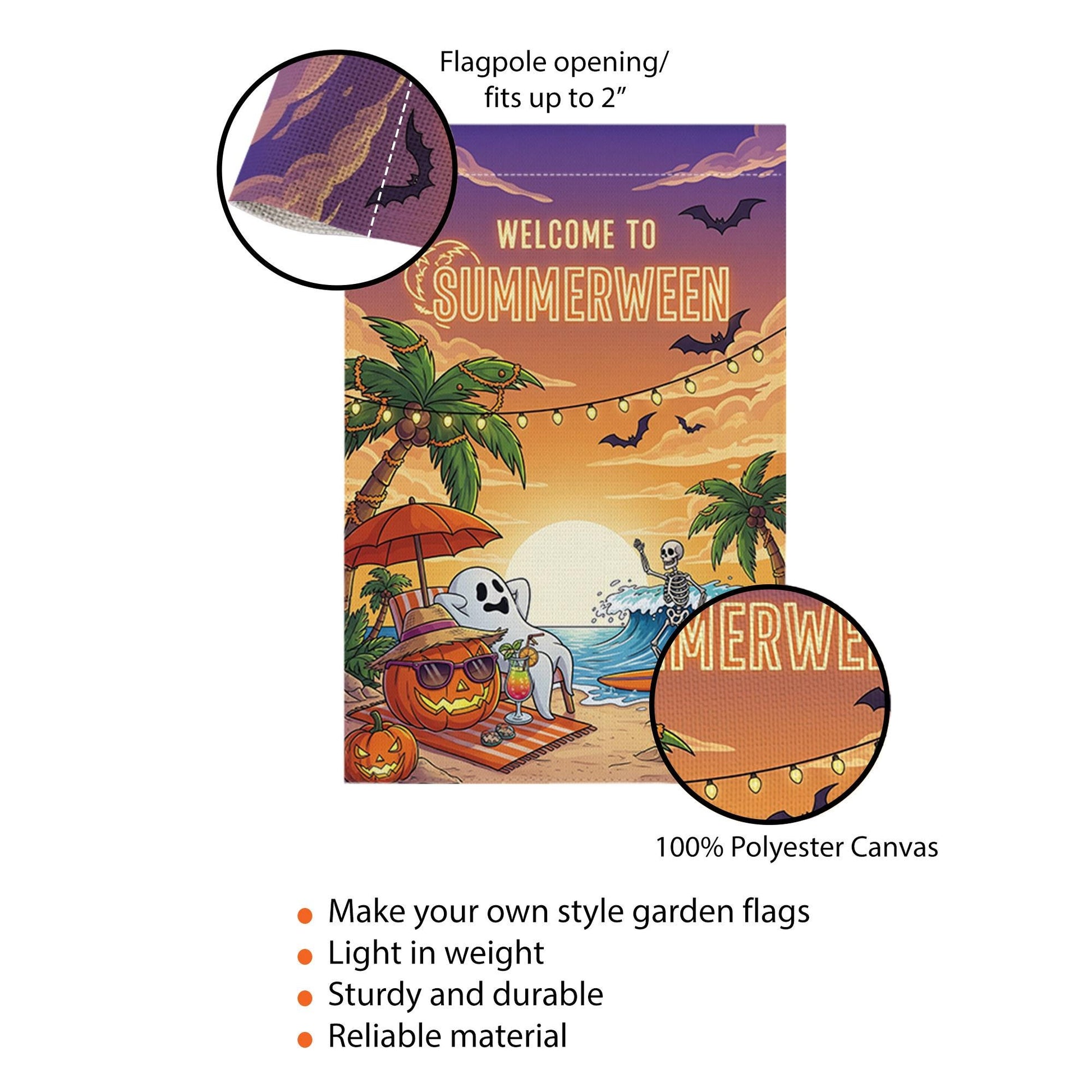 Summerween Garden Flag – Funny Halloween Beach Decor with Skeleton & Ghost