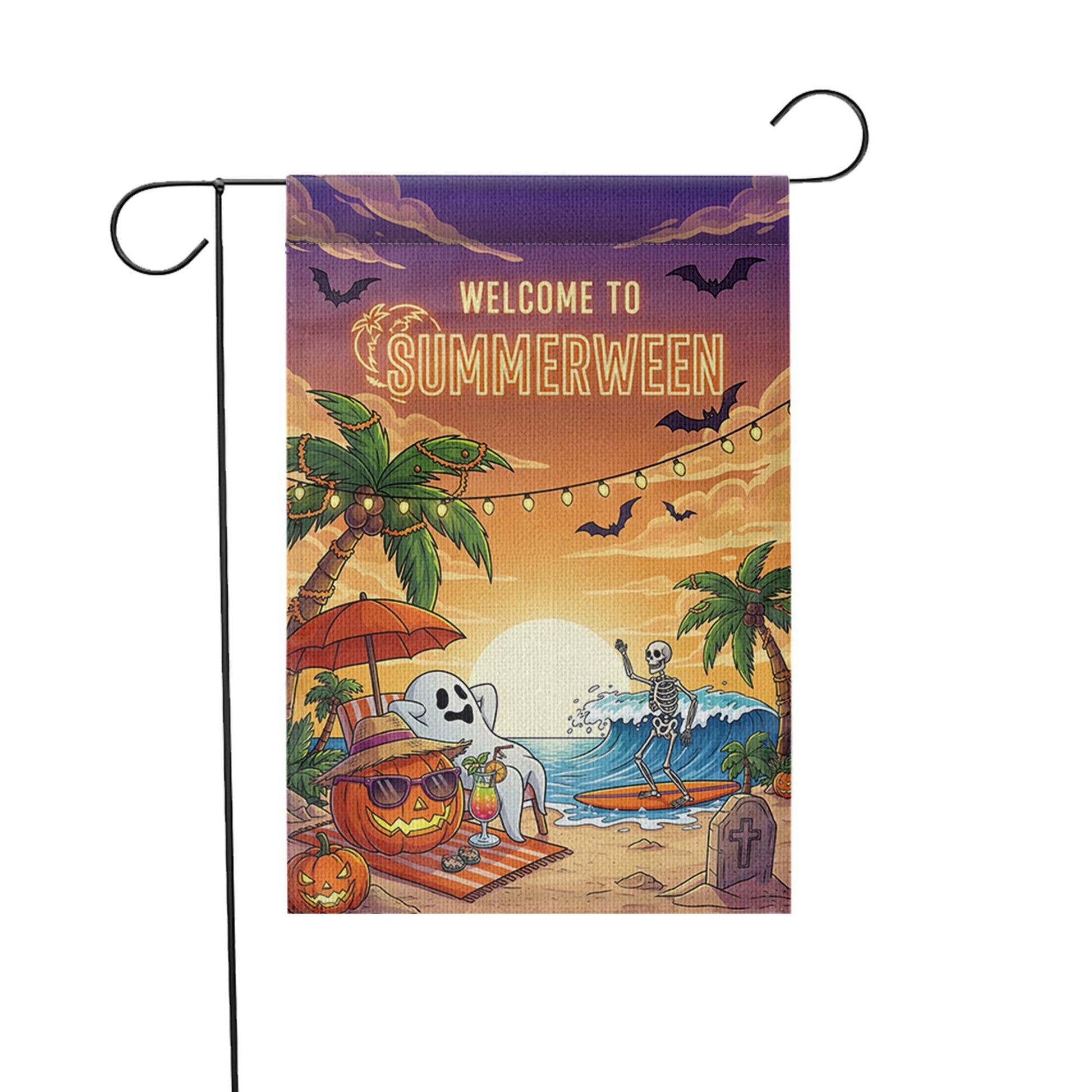 Summerween Garden Flag – Funny Halloween Beach Decor with Skeleton & Ghost