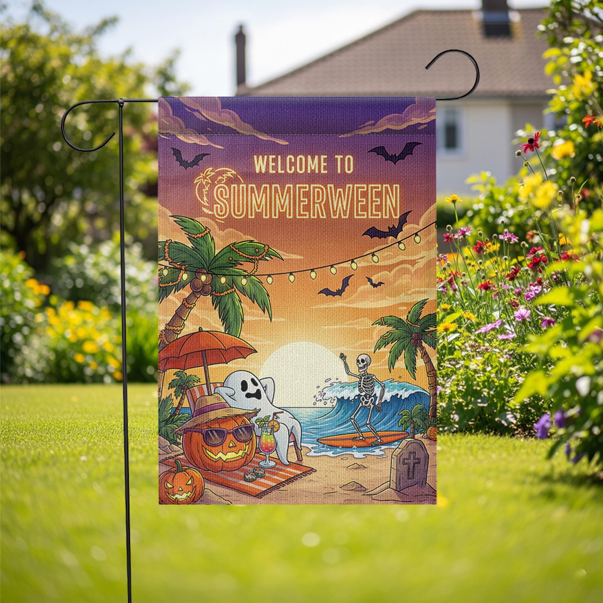 Summerween Garden Flag – Funny Halloween Beach Decor with Skeleton & Ghost