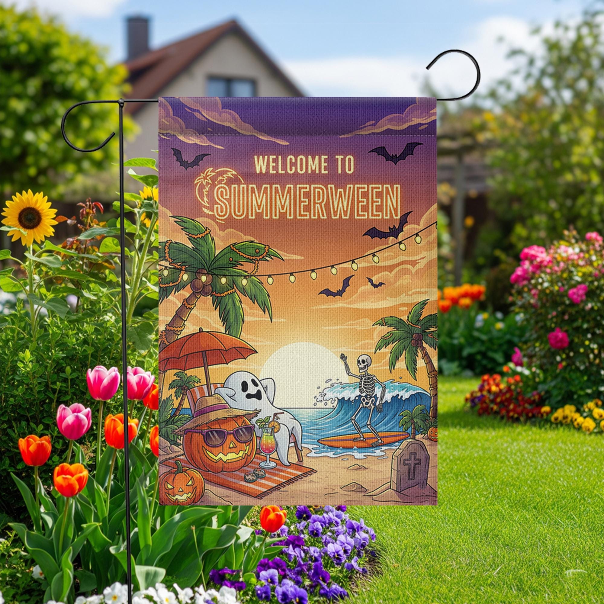 Summerween Garden Flag – Funny Halloween Beach Decor with Skeleton & Ghost