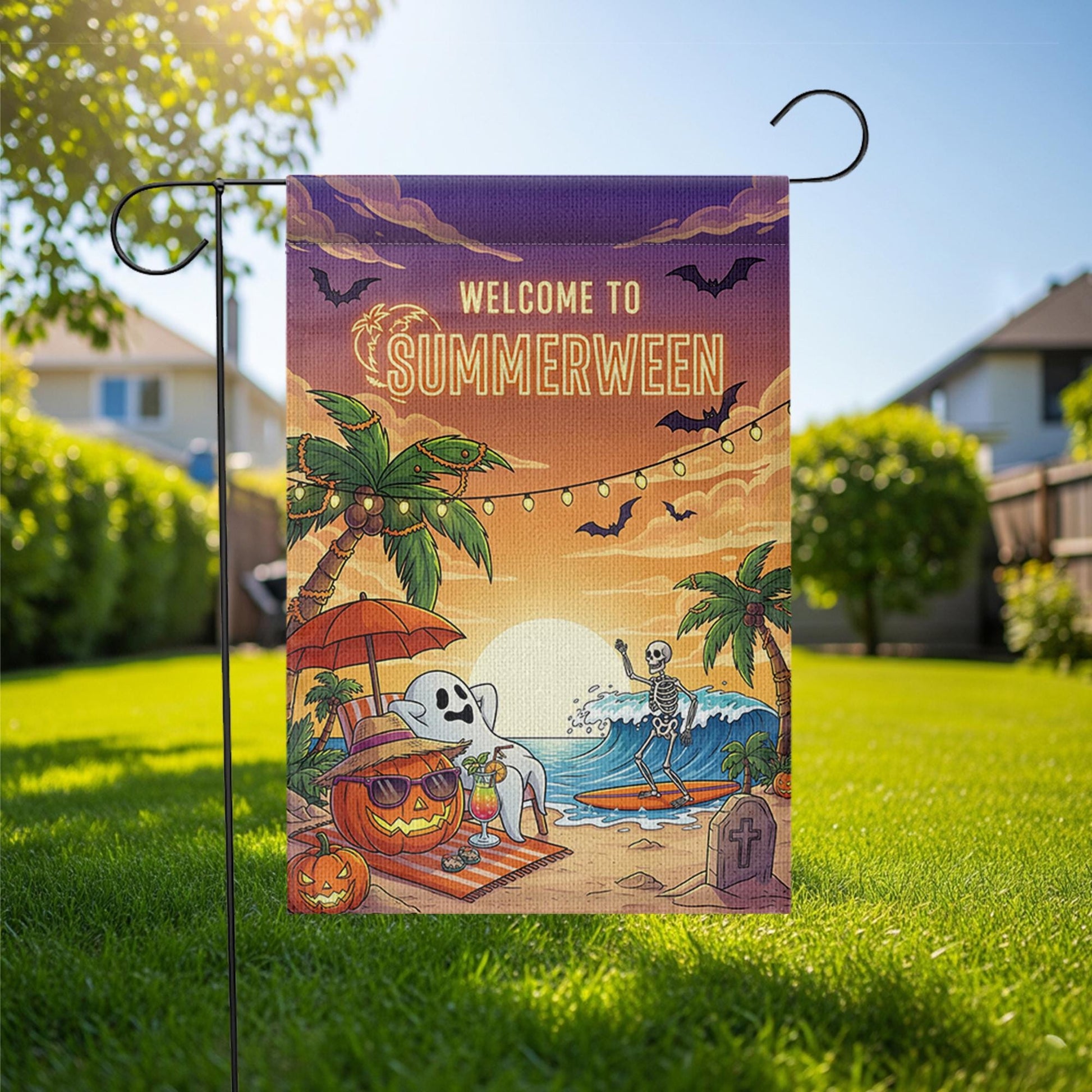 Summerween Garden Flag – Funny Halloween Beach Decor with Skeleton & Ghost