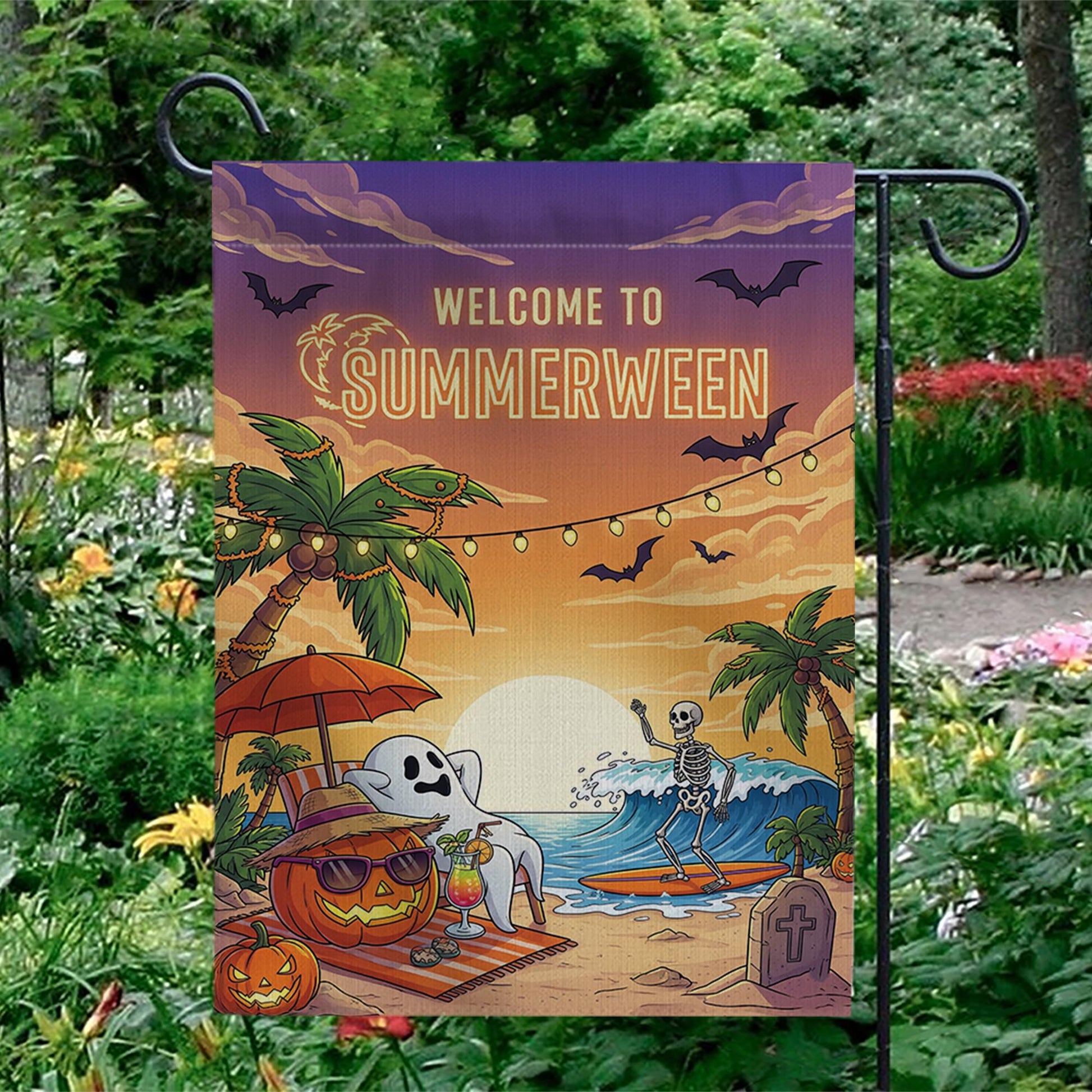 Summerween Garden Flag – Funny Halloween Beach Decor with Skeleton & Ghost
