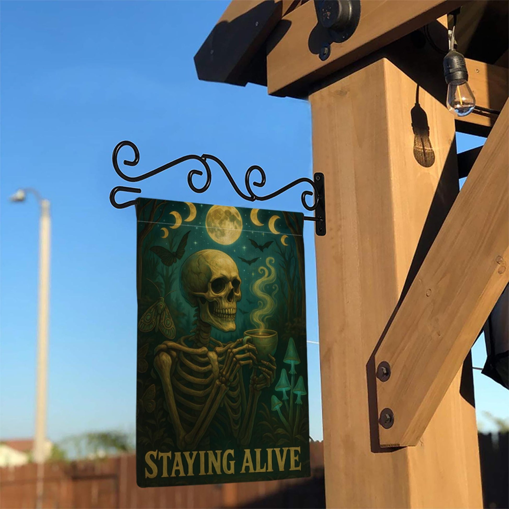 Halloween Funny Skeleton Coffee Garden Flag, Staying Alive Skull Yard Decor, Gothic Spooky Outdoor Banner,Dark Humor Witchy Halloween Gift