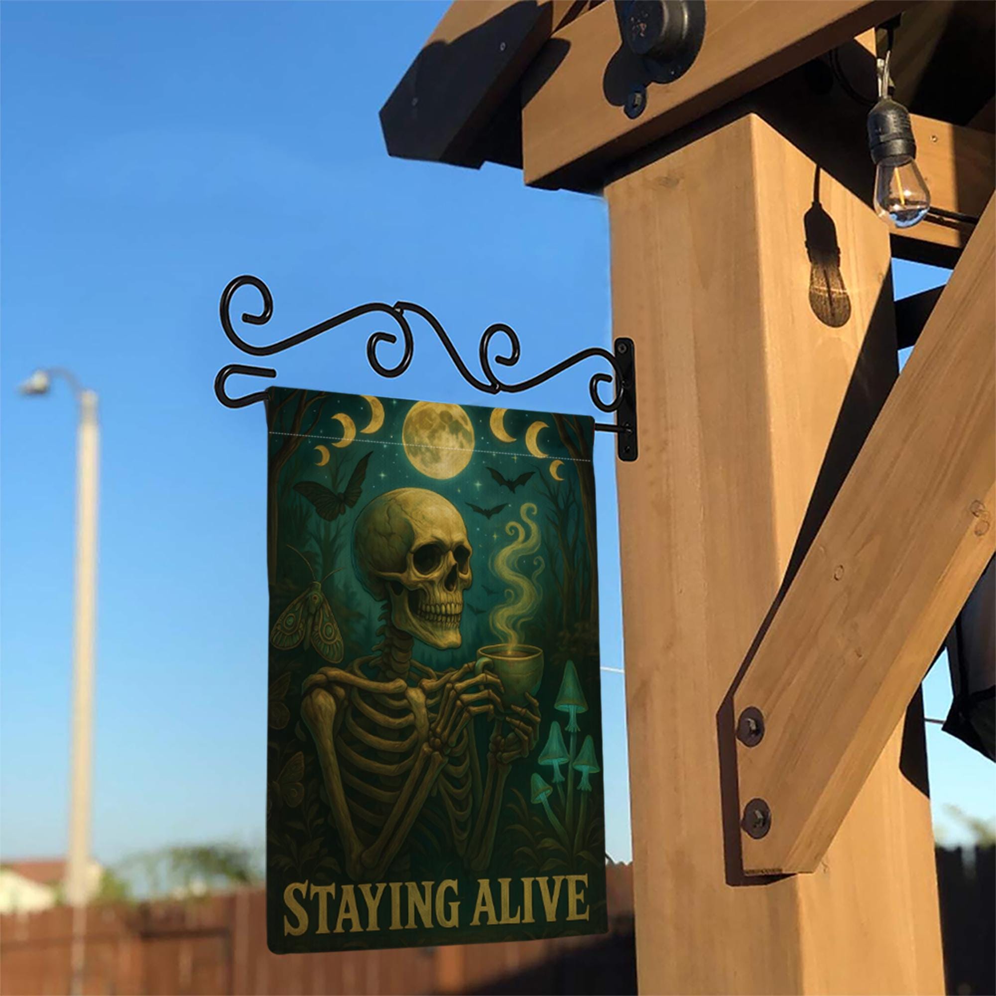 Halloween Funny Skeleton Coffee Garden Flag, Staying Alive Skull Yard Decor, Gothic Spooky Outdoor Banner,Dark Humor Witchy Halloween Gift
