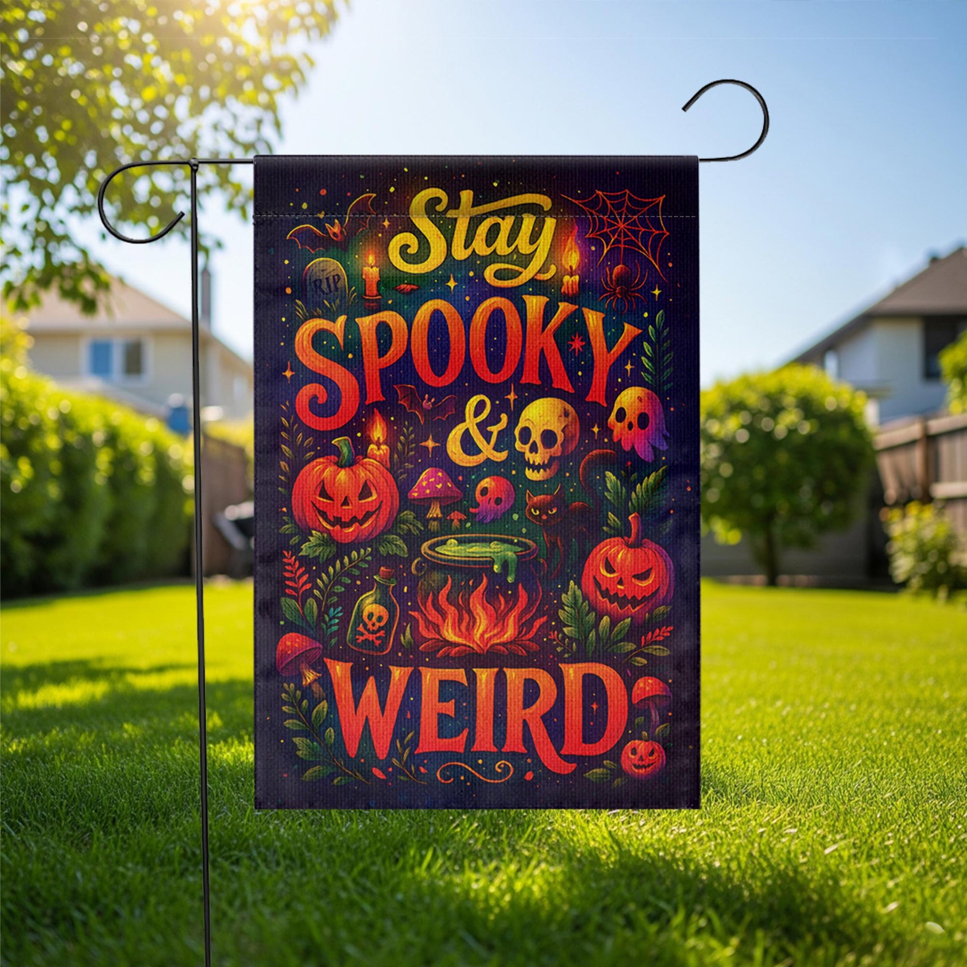 Stay Spooky and Weird Garden Flag – Funny Halloween Yard Decor with Pumpkins & Skulls