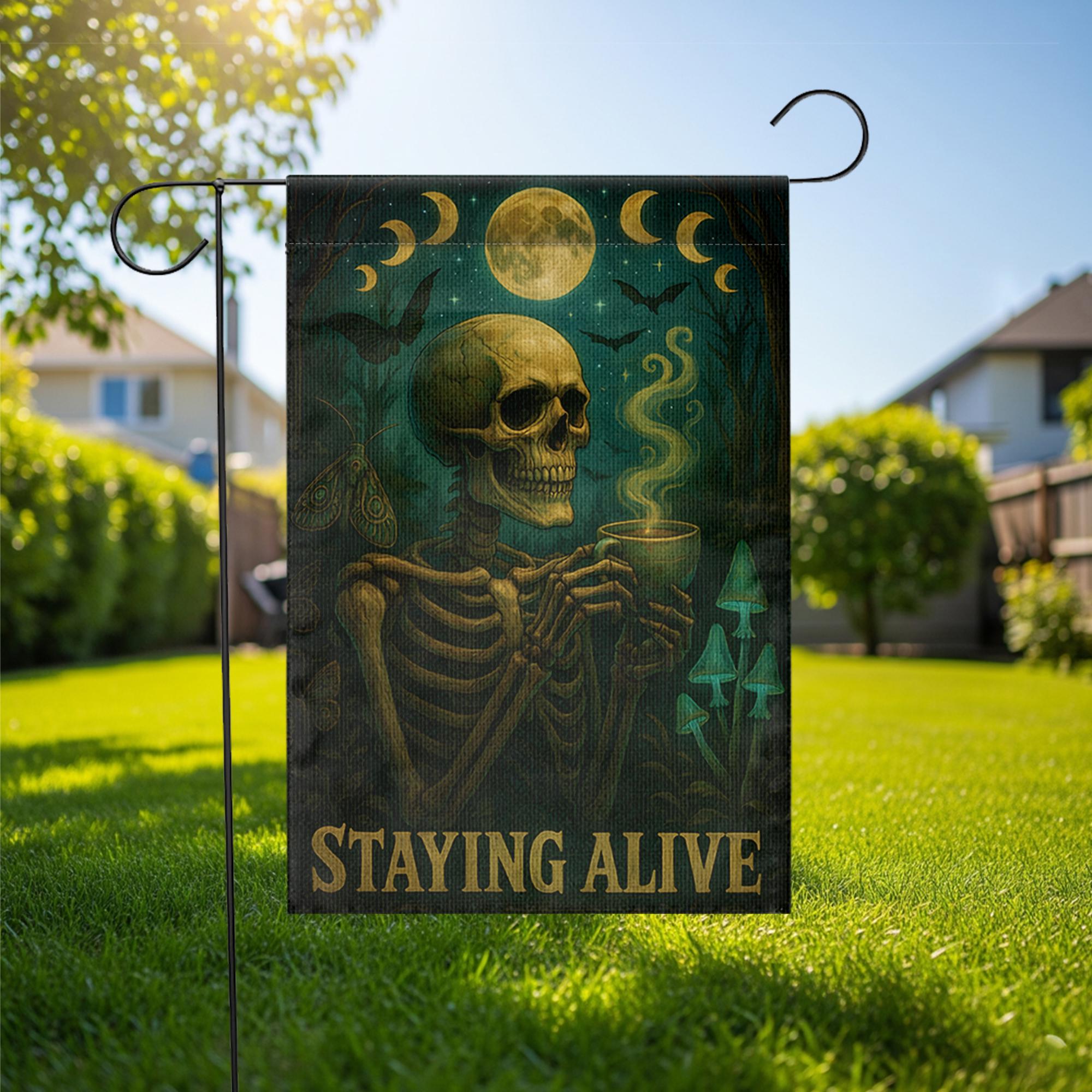 Halloween Funny Skeleton Coffee Garden Flag, Staying Alive Skull Yard Decor, Gothic Spooky Outdoor Banner,Dark Humor Witchy Halloween Gift