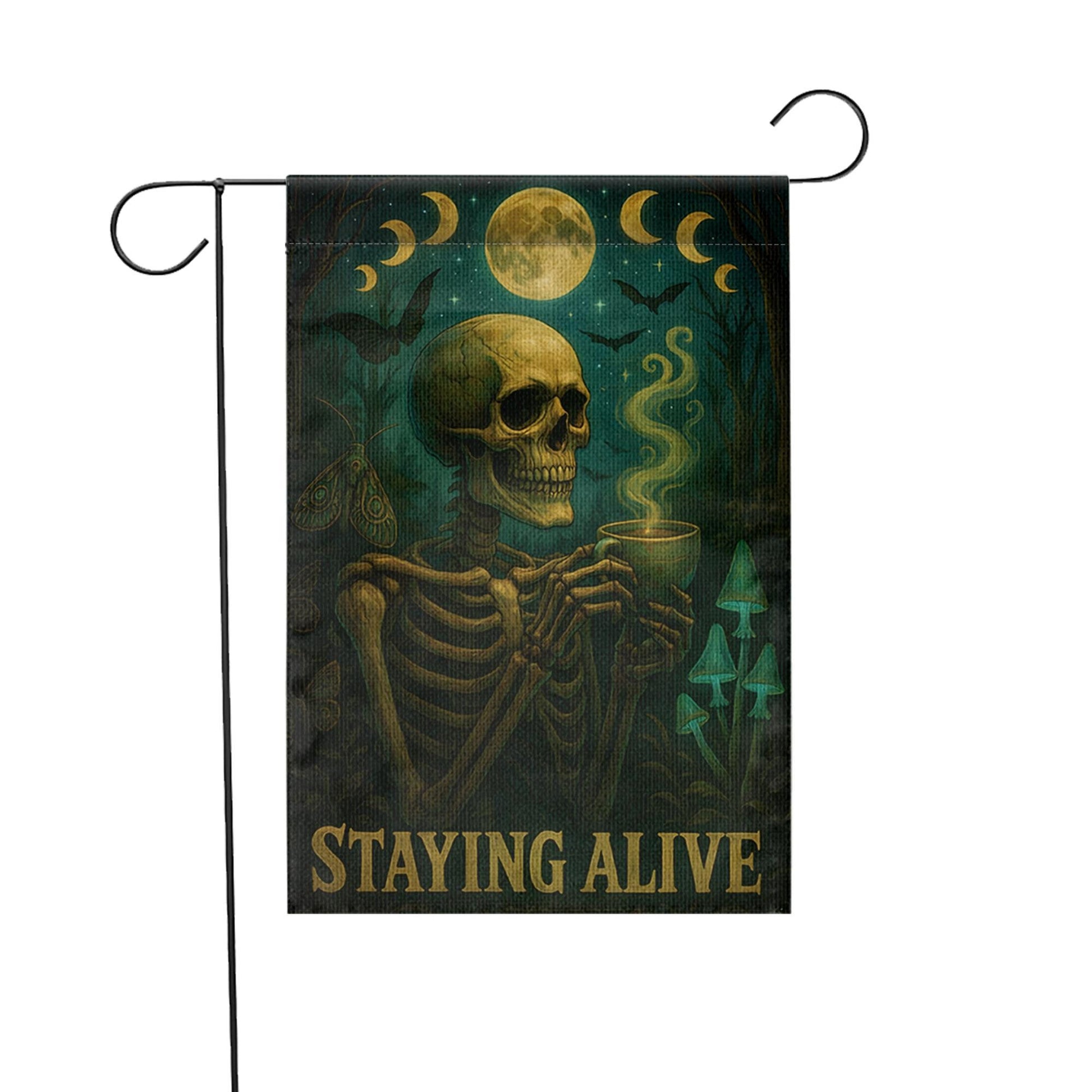 Halloween Funny Skeleton Coffee Garden Flag, Staying Alive Skull Yard Decor, Gothic Spooky Outdoor Banner,Dark Humor Witchy Halloween Gift