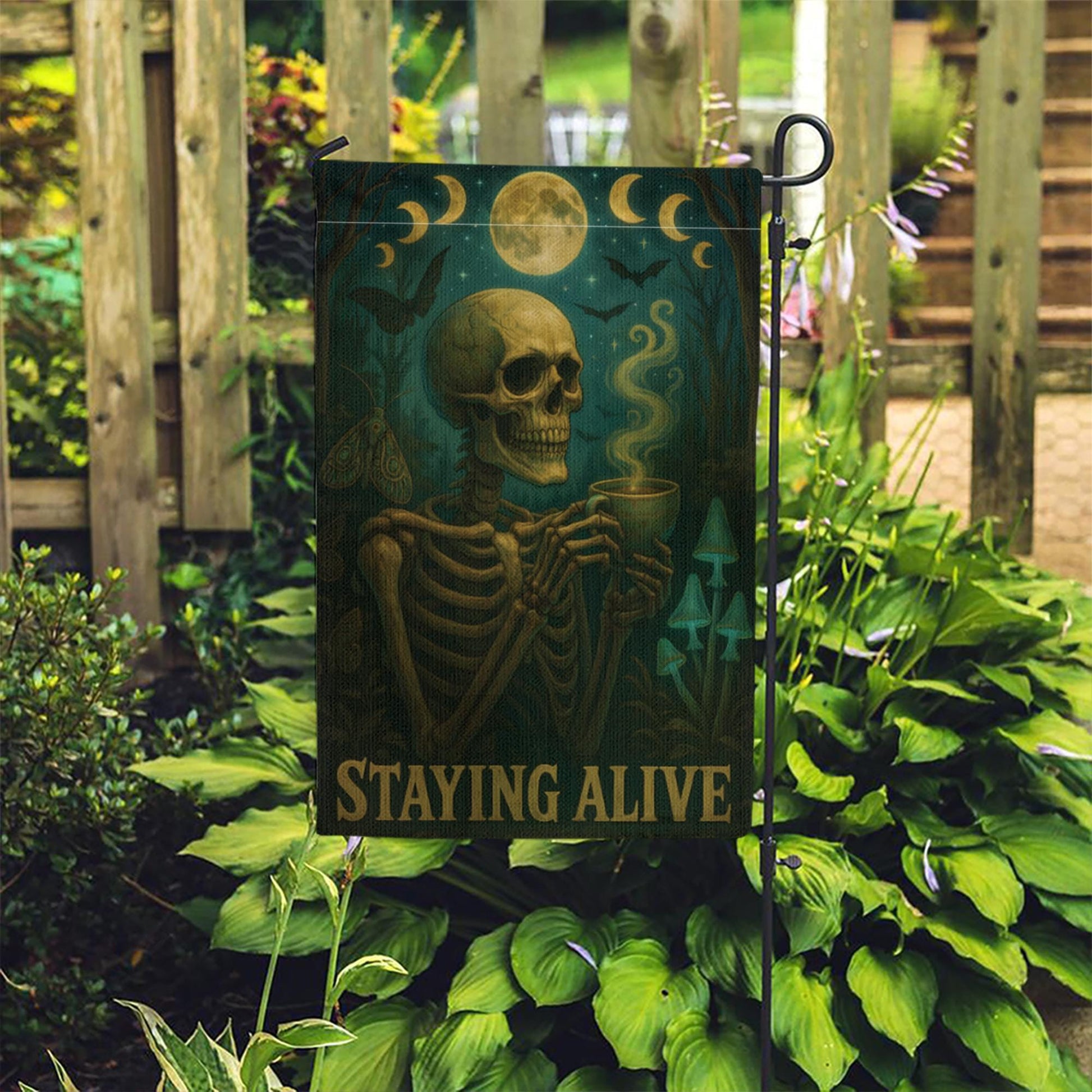 Halloween Funny Skeleton Coffee Garden Flag, Staying Alive Skull Yard Decor, Gothic Spooky Outdoor Banner,Dark Humor Witchy Halloween Gift
