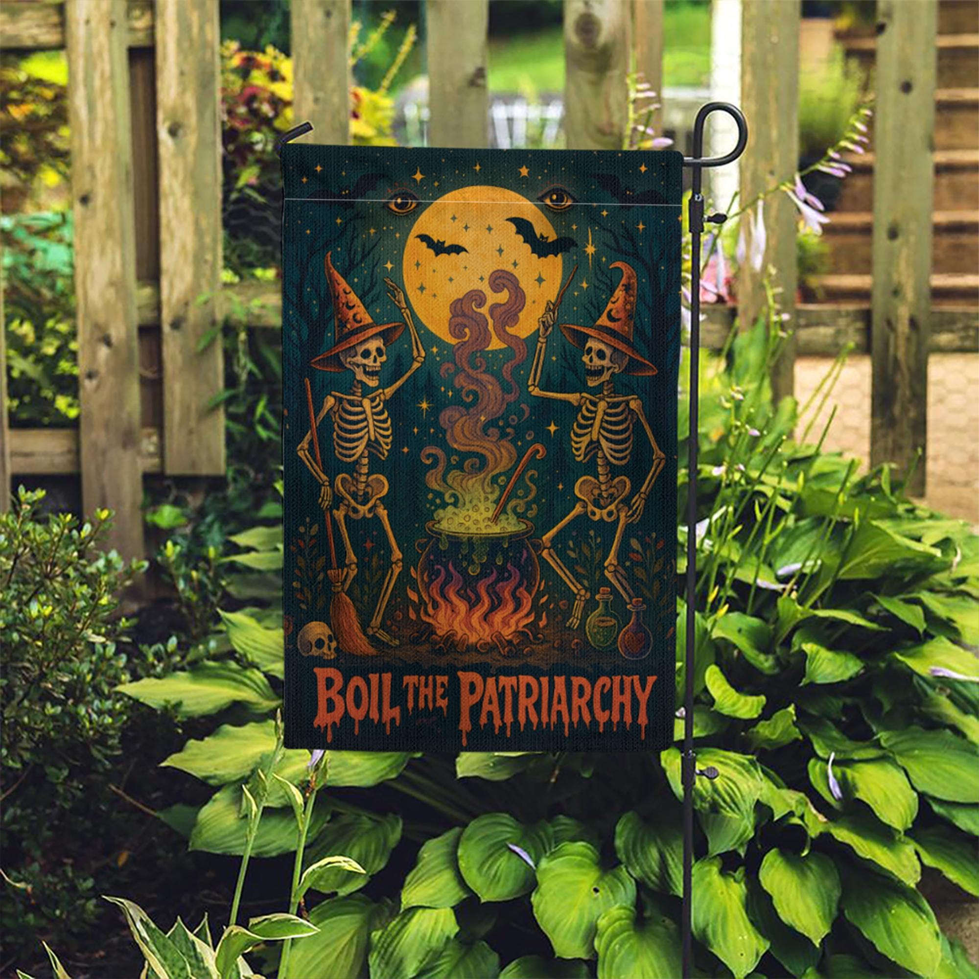 Boil the Patriarchy Garden Flag – Feminist Halloween Yard Decor with Witches & Cauldron