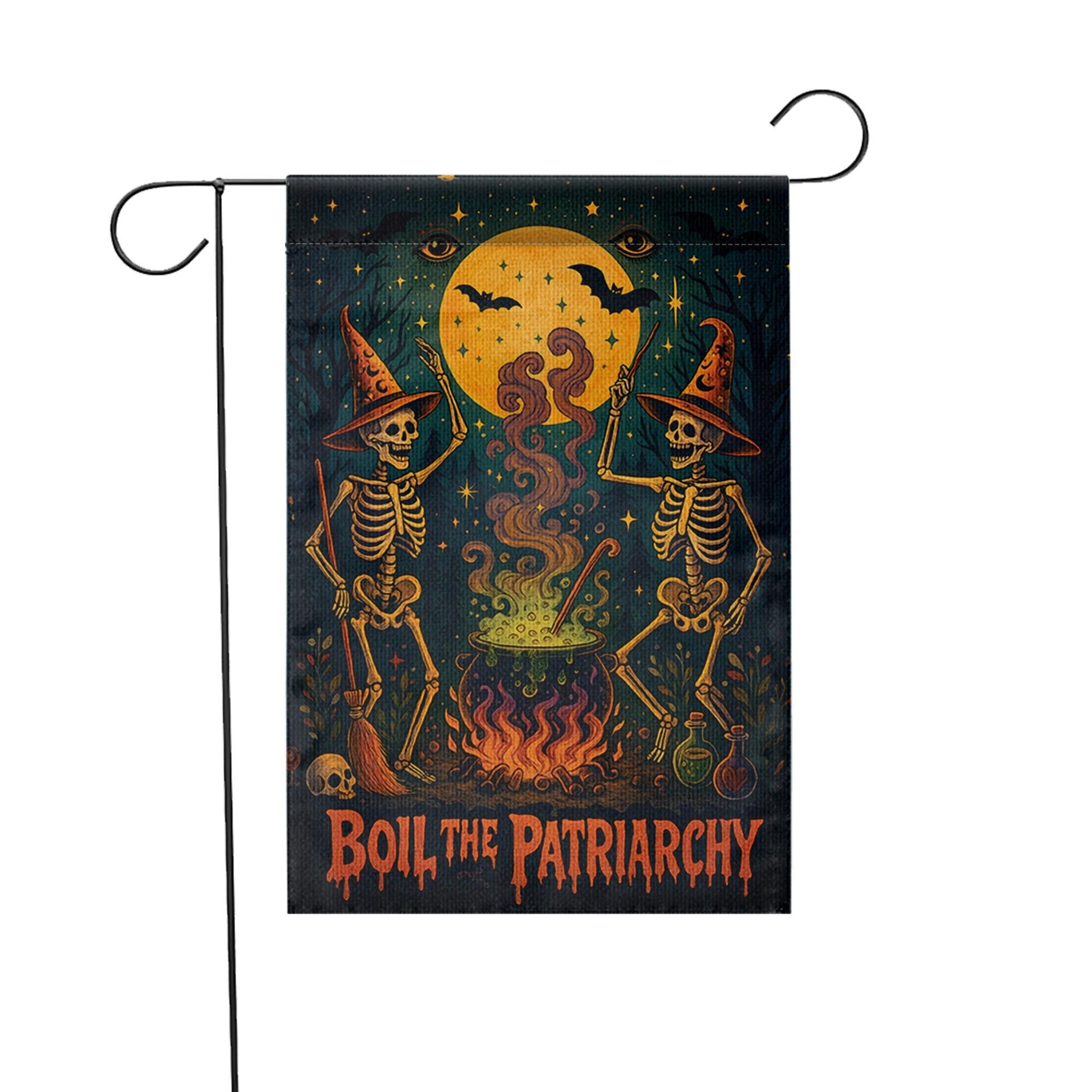 Boil the Patriarchy Garden Flag – Feminist Halloween Yard Decor with Witches & Cauldron