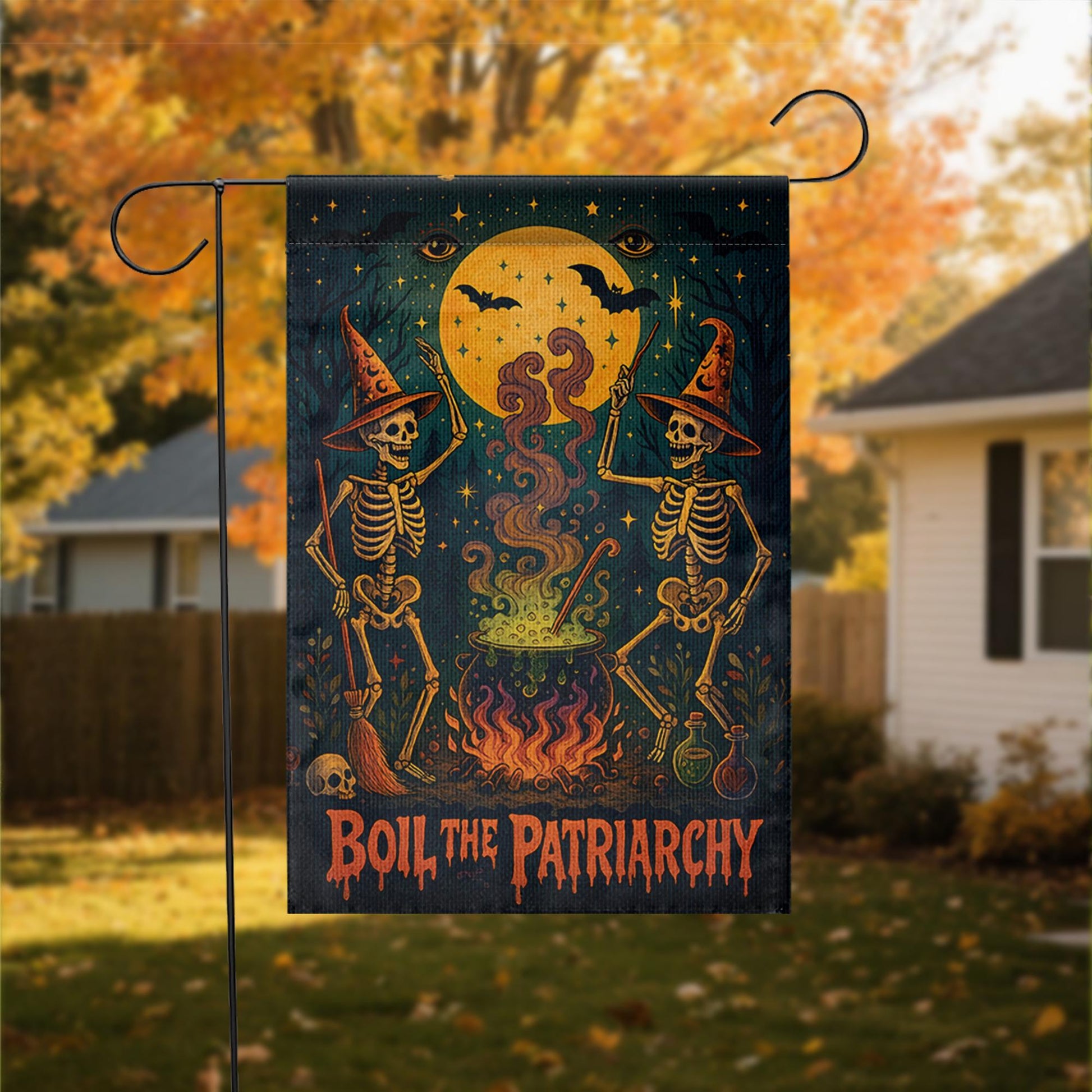 Boil the Patriarchy Garden Flag – Feminist Halloween Yard Decor with Witches & Cauldron