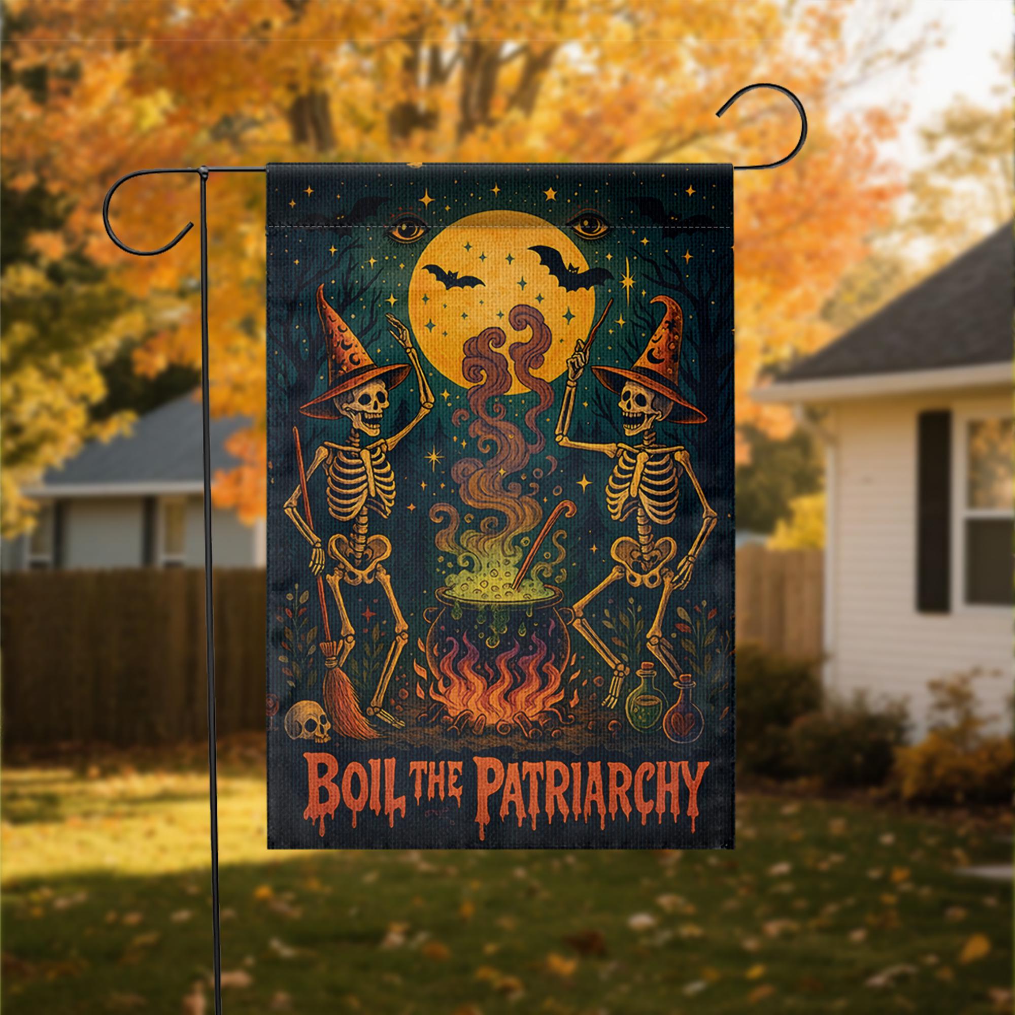 Boil the Patriarchy Garden Flag – Feminist Halloween Yard Decor with Witches & Cauldron