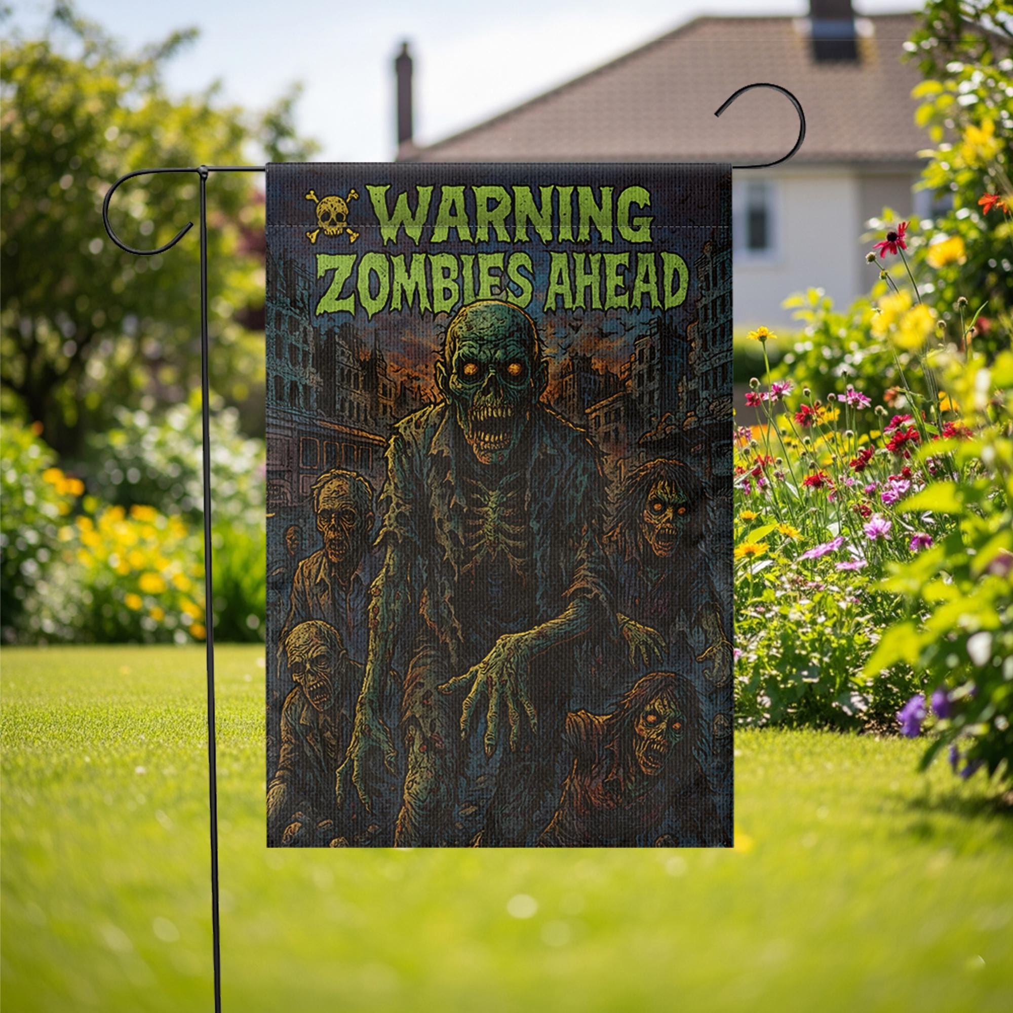 Warning Zombies Ahead Garden Flag, Spooky Halloween Yard Decor, Outdoor Horror Sign, Undead Apocalypse Decoration, Double Sided Welcome Flag