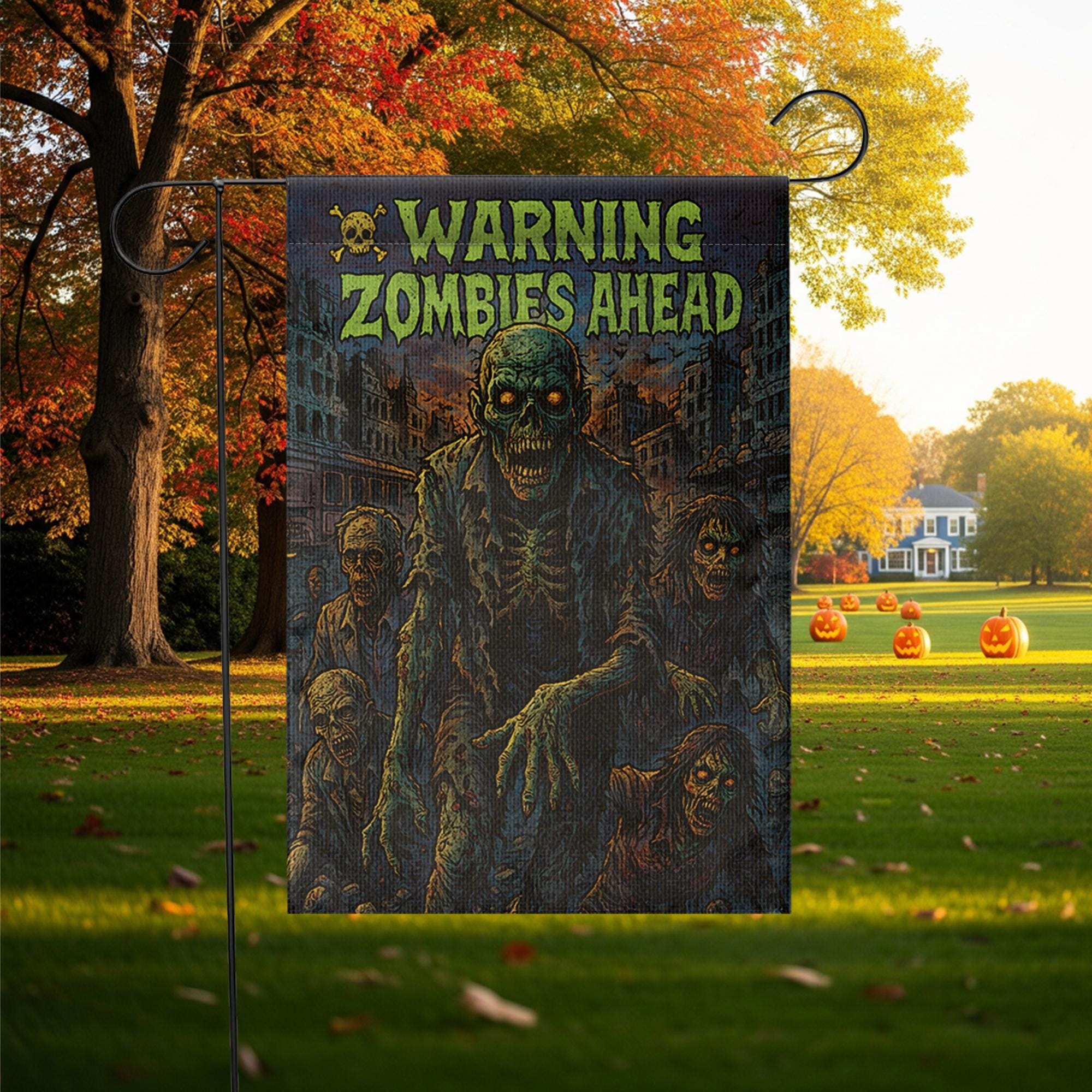 Warning Zombies Ahead Garden Flag, Spooky Halloween Yard Decor, Outdoor Horror Sign, Undead Apocalypse Decoration, Double Sided Welcome Flag