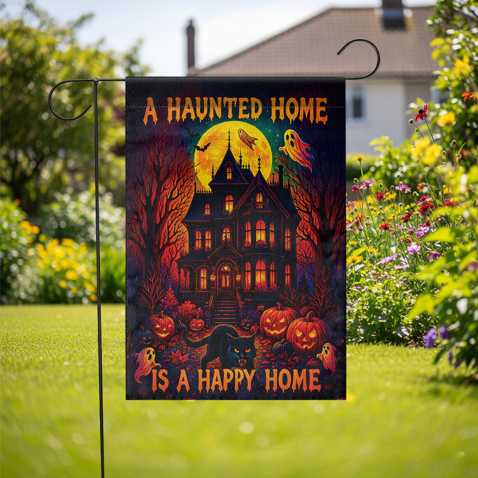 Haunted House Garden Flag – Halloween Yard Decor with Ghosts, Pumpkins & Black Cat