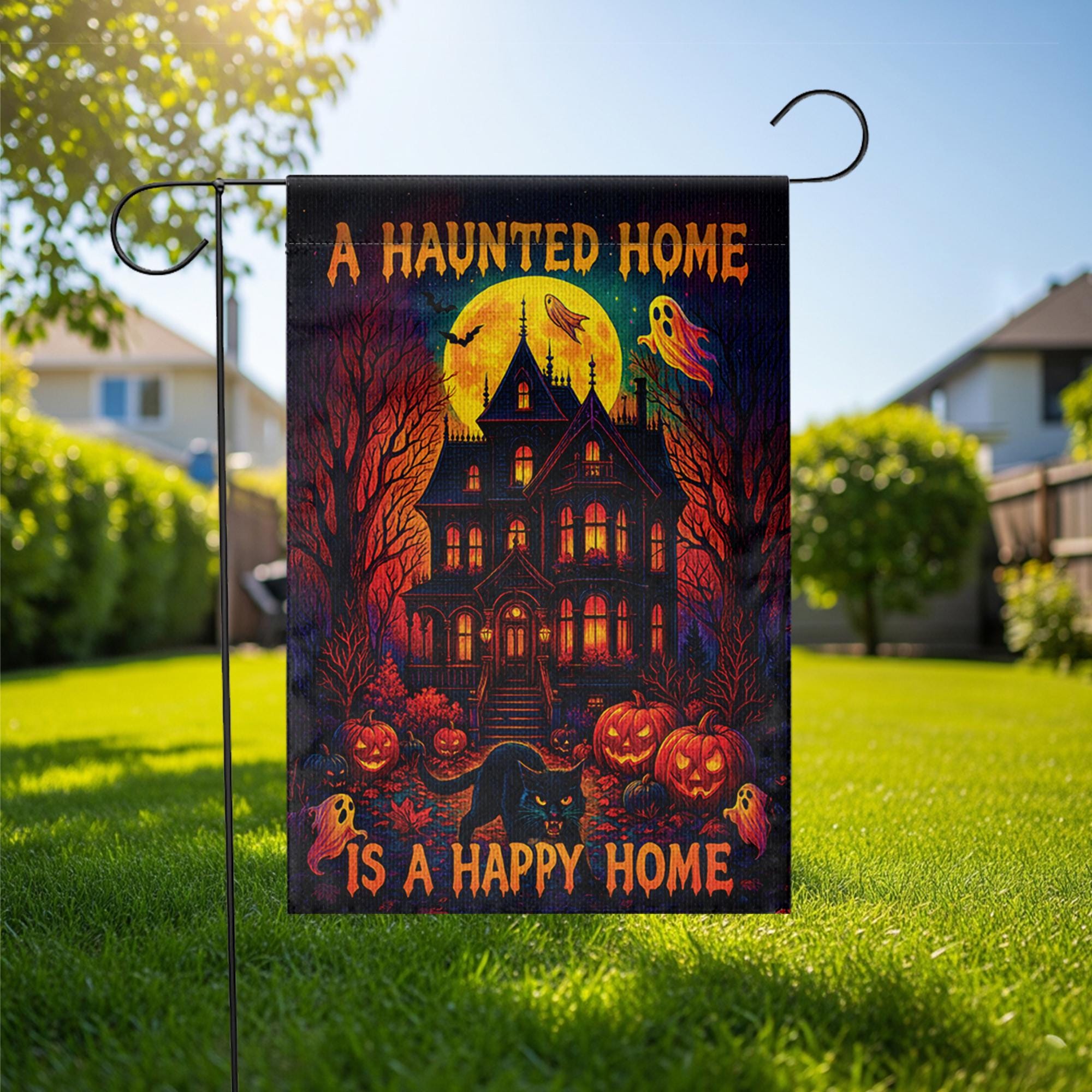 Haunted House Garden Flag – Halloween Yard Decor with Ghosts, Pumpkins & Black Cat