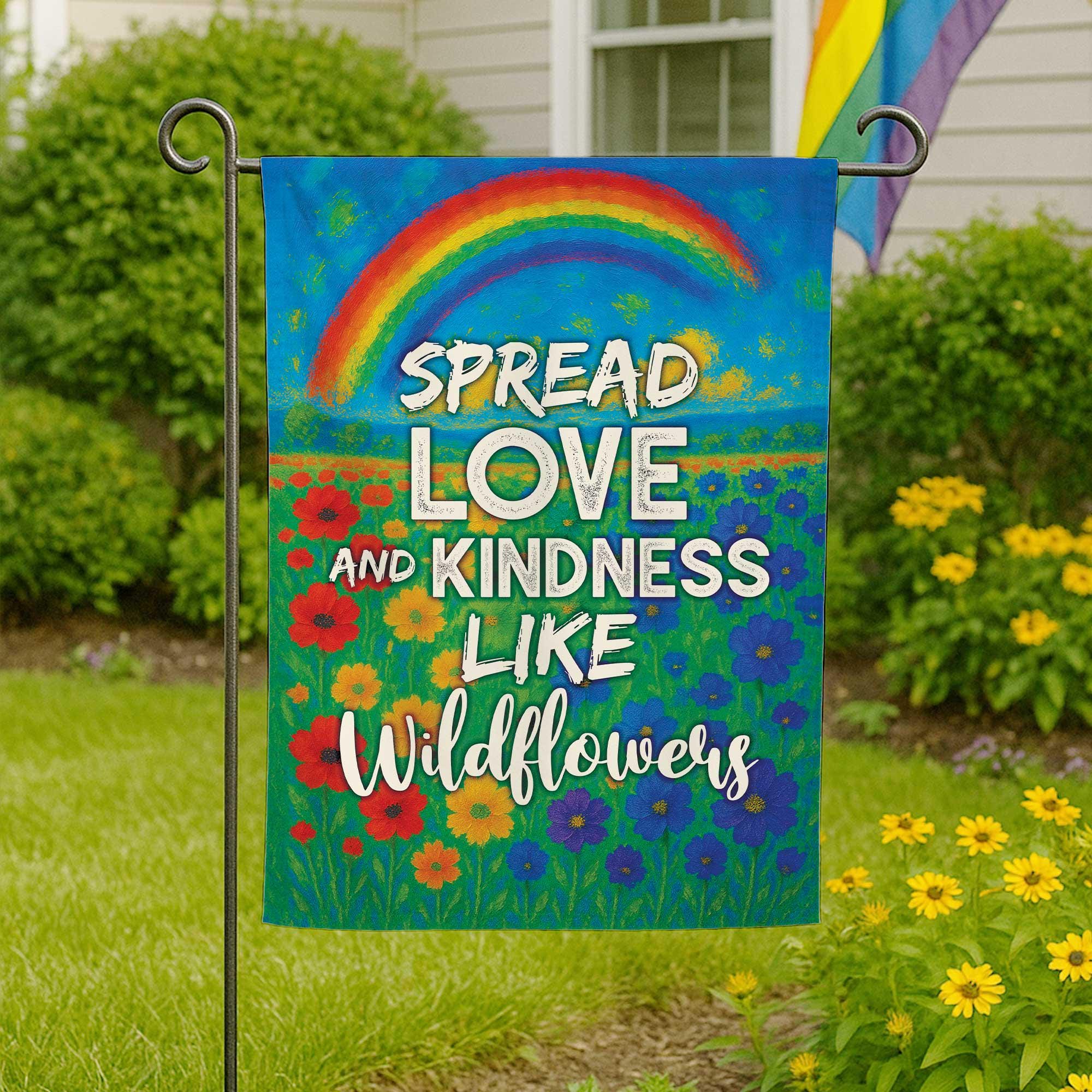 Rainbow Garden Flag Spread Love Kindness Wildflowers | LGBTQ Pride Yard Sign | Pride Month Decor | Equality Yard Sign Wildflowers Flag