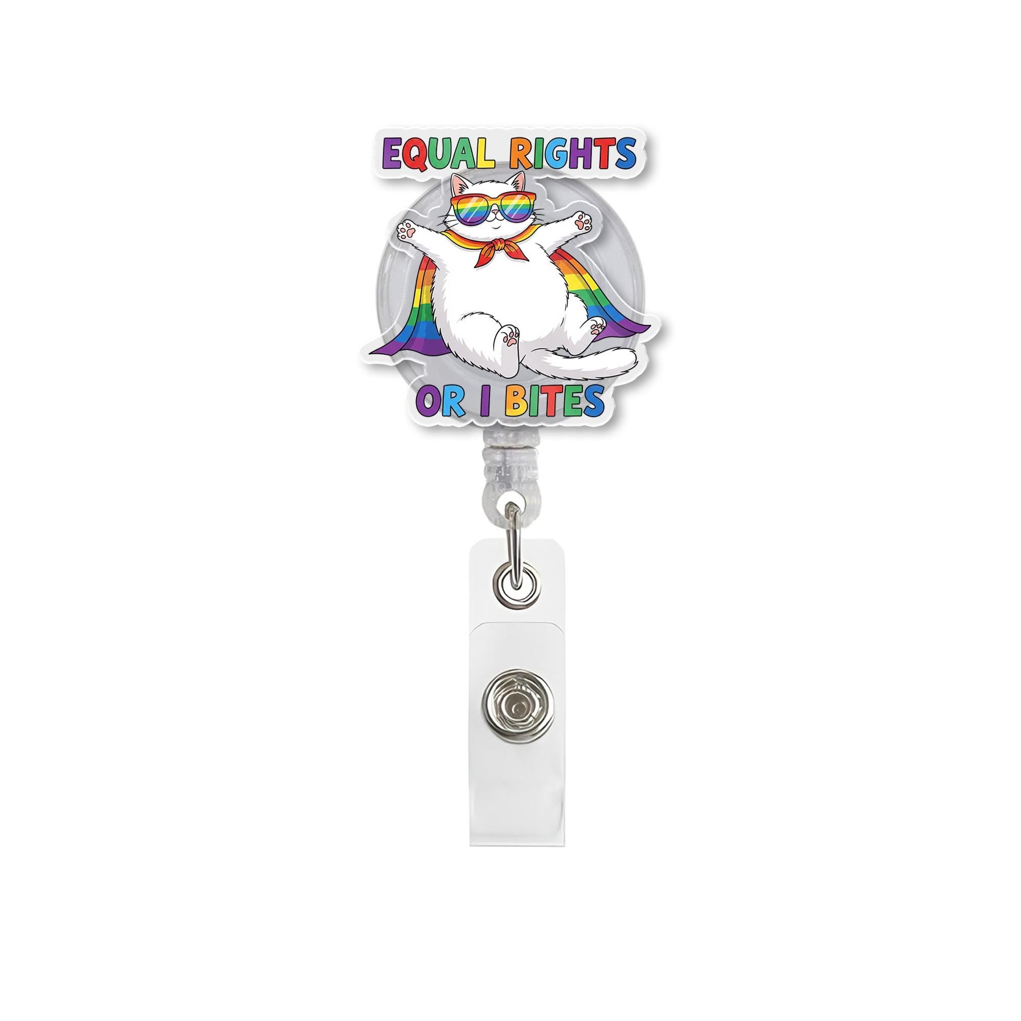 Equal Rights or I Bites Badge Reel – Funny Pride Cat ID Clip – LGBTQ Ally Nurse Gift – Rainbow Retractable Badge Holder