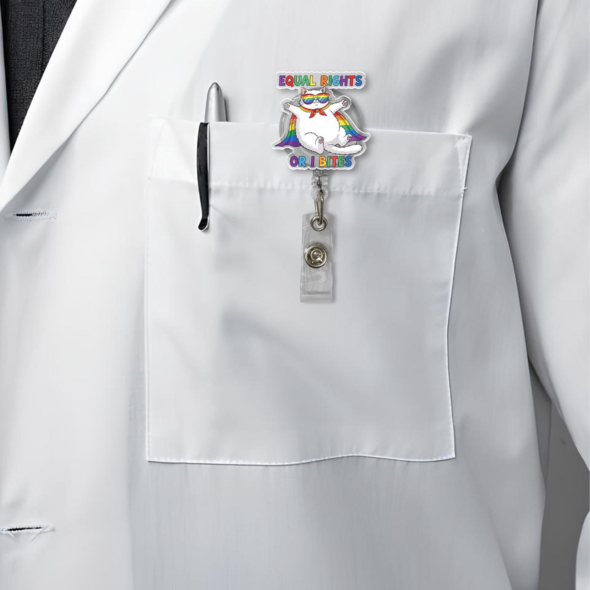 Equal Rights or I Bites Badge Reel – Funny Pride Cat ID Clip – LGBTQ Ally Nurse Gift – Rainbow Retractable Badge Holder