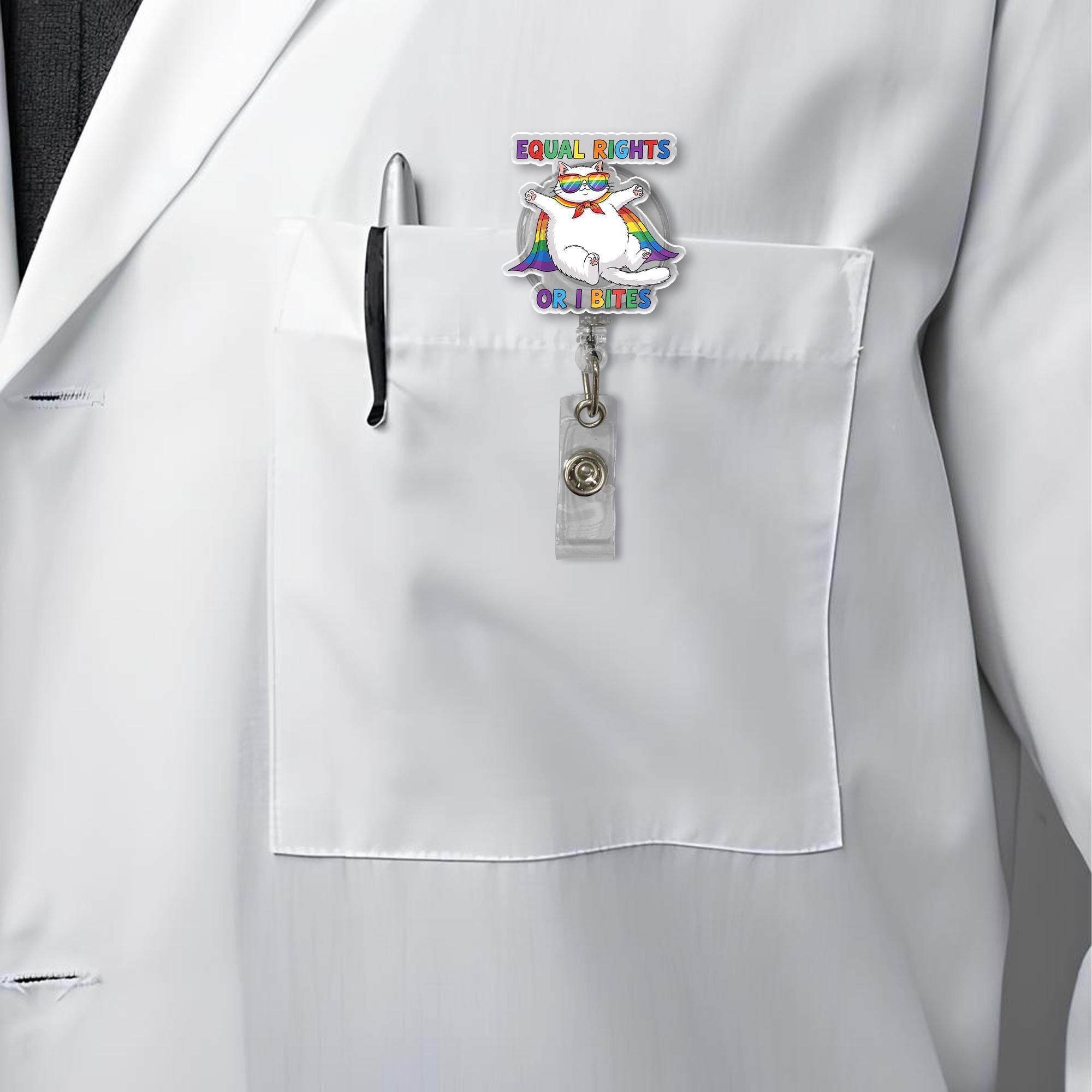 Equal Rights or I Bites Badge Reel – Funny Pride Cat ID Clip – LGBTQ Ally Nurse Gift – Rainbow Retractable Badge Holder