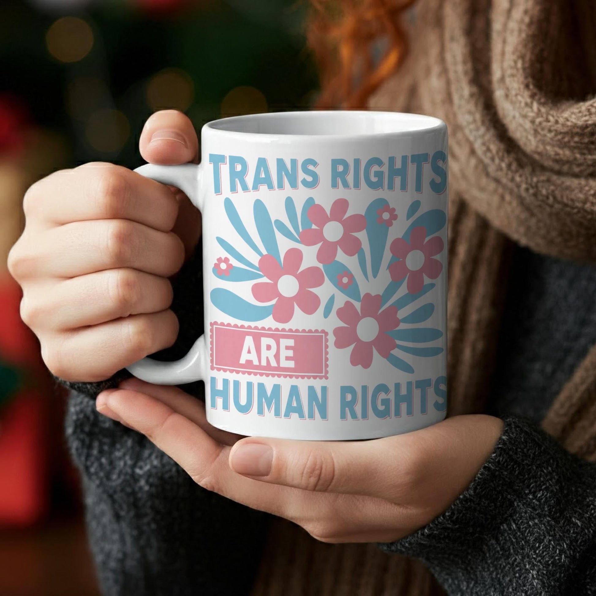 Trans Rights Are Human Rights Mug – Floral LGBTQ Pride Coffee Cup – Inclusive Ally Gift – Black Ceramic Trans Flag Mug