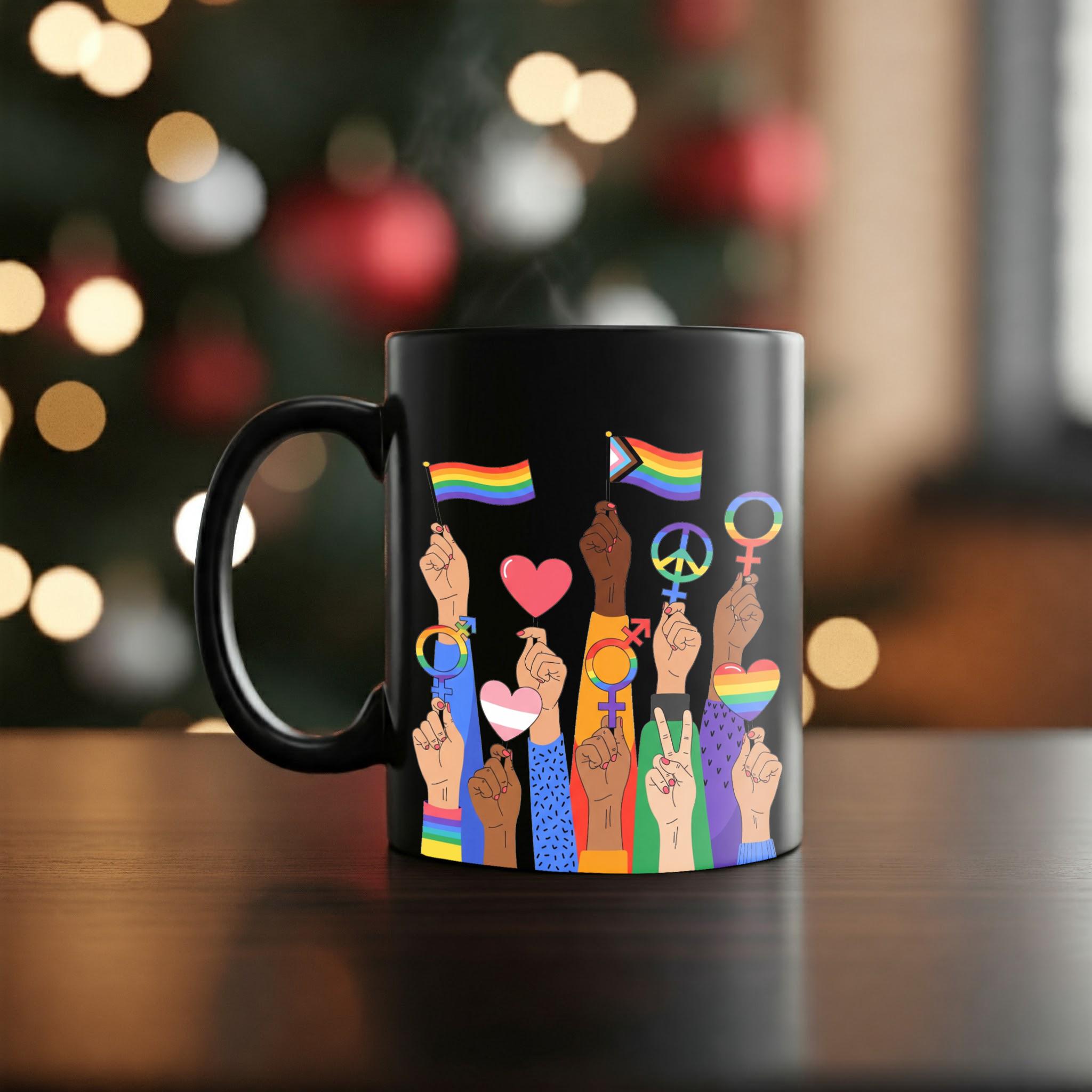 LGBTQ+ Unity Mug – Diverse Pride Fists Coffee Cup – Black Inclusive Equality Gift – Rainbow Love and Protest Design