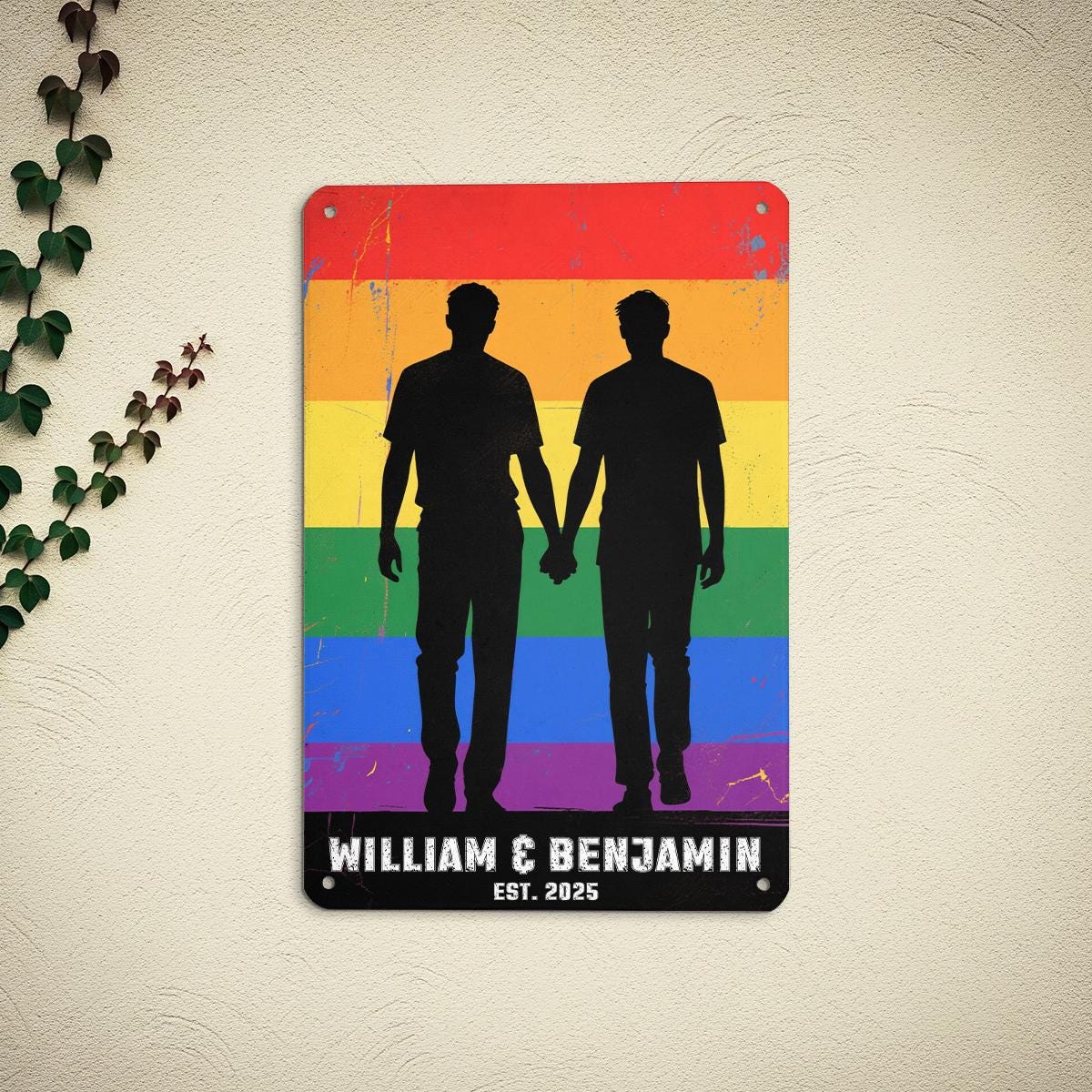 Custom Gay Couple Metal Sign, LGBTQ Pride Silhouette Art, Personalized Names & Est Year, Rainbow Wall Decor, Anniversary Gift, Pride Month