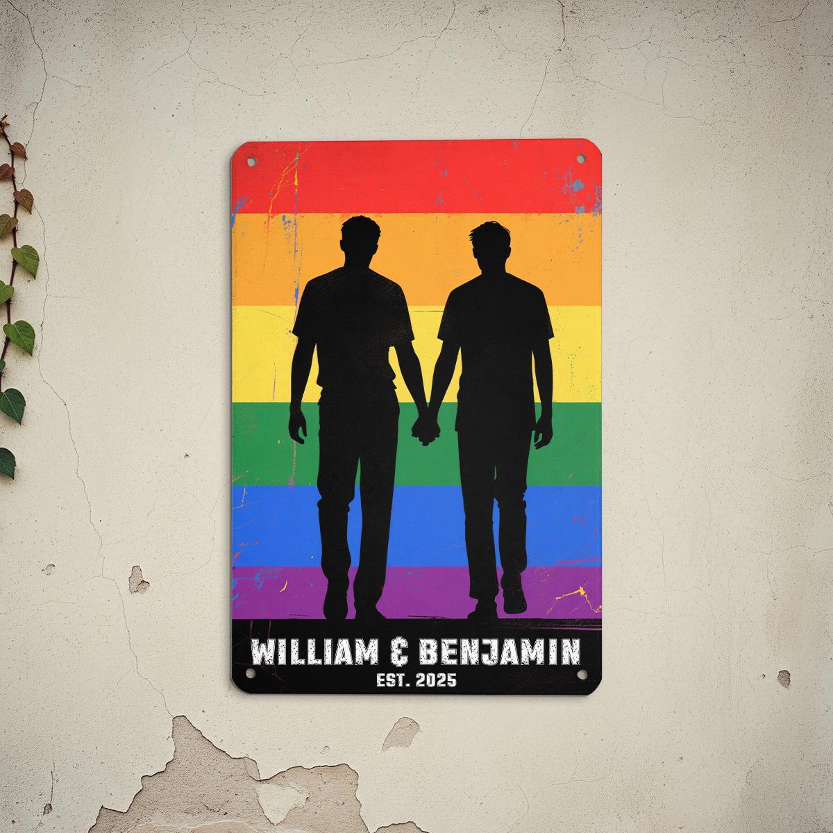 Custom Gay Couple Metal Sign, LGBTQ Pride Silhouette Art, Personalized Names & Est Year, Rainbow Wall Decor, Anniversary Gift, Pride Month