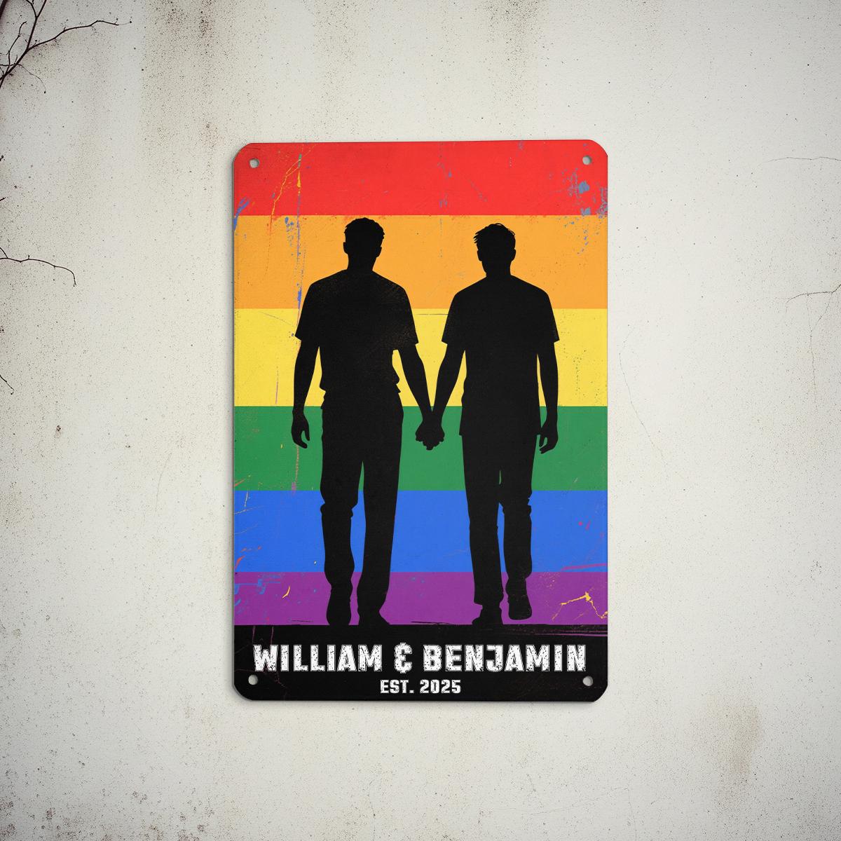 Custom Gay Couple Metal Sign, LGBTQ Pride Silhouette Art, Personalized Names & Est Year, Rainbow Wall Decor, Anniversary Gift, Pride Month