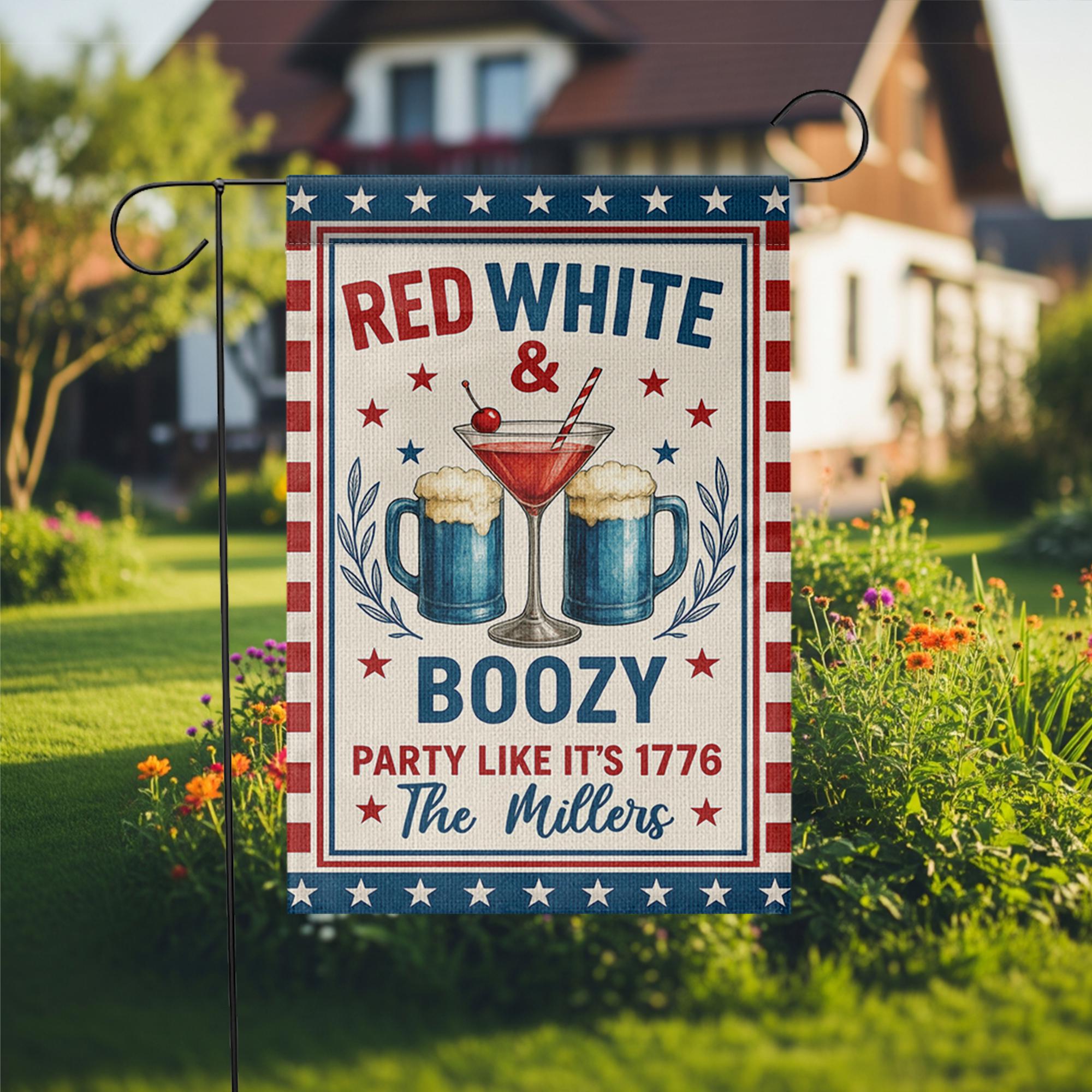 Red White & Boozy Garden Flag – 4th of July Yard Decor – Patriotic Party Outdoor Sign – Custom Family Name Summer Flag