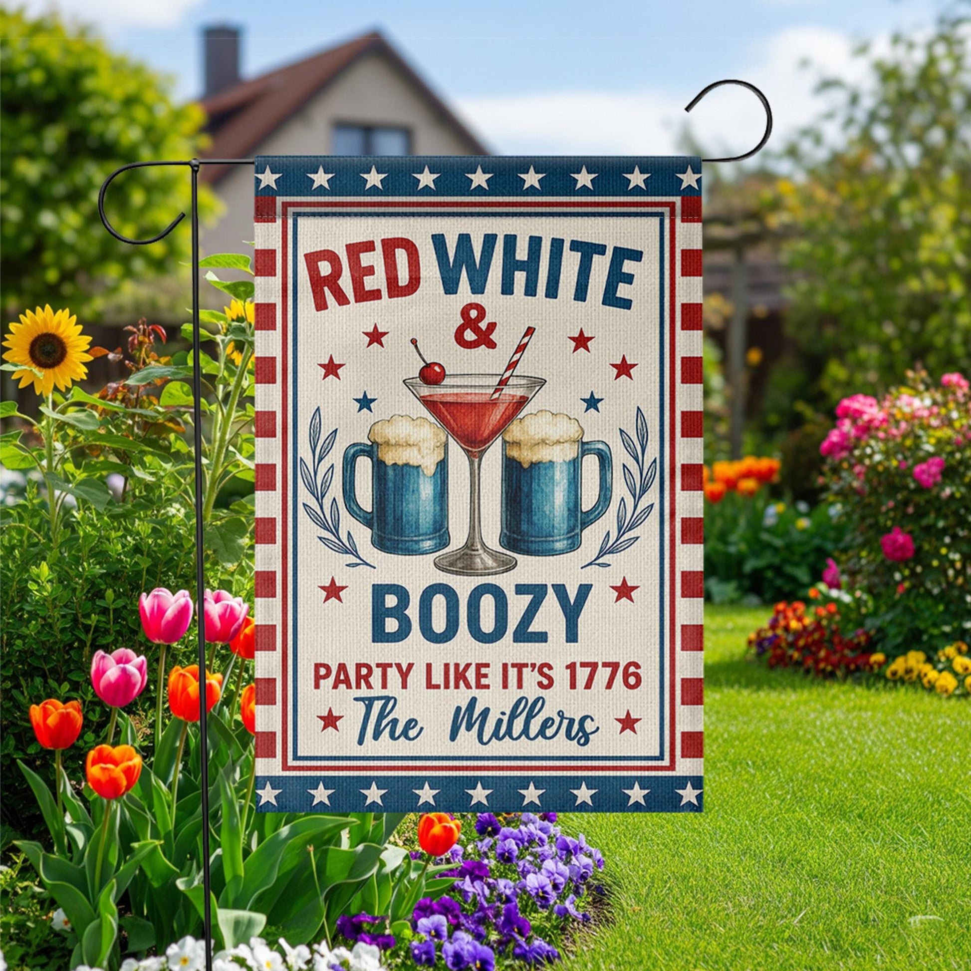 Red White & Boozy Garden Flag – 4th of July Yard Decor – Patriotic Party Outdoor Sign – Custom Family Name Summer Flag
