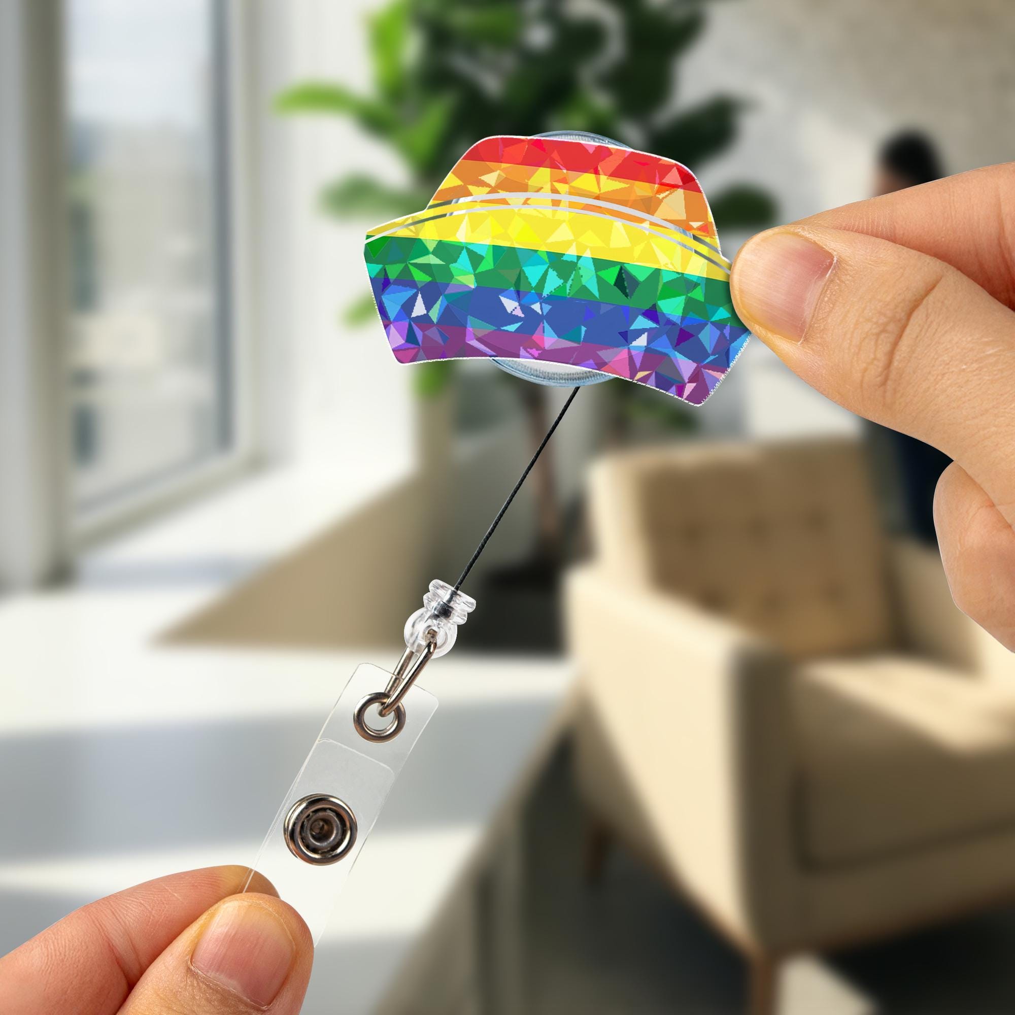 Rainbow Crystal Nurse Cap Hologram Badge Reel, LGBTQ Pride ID Holder, Holographic Geometric Retractable Lanyard, Nurse Gift, Ally Support