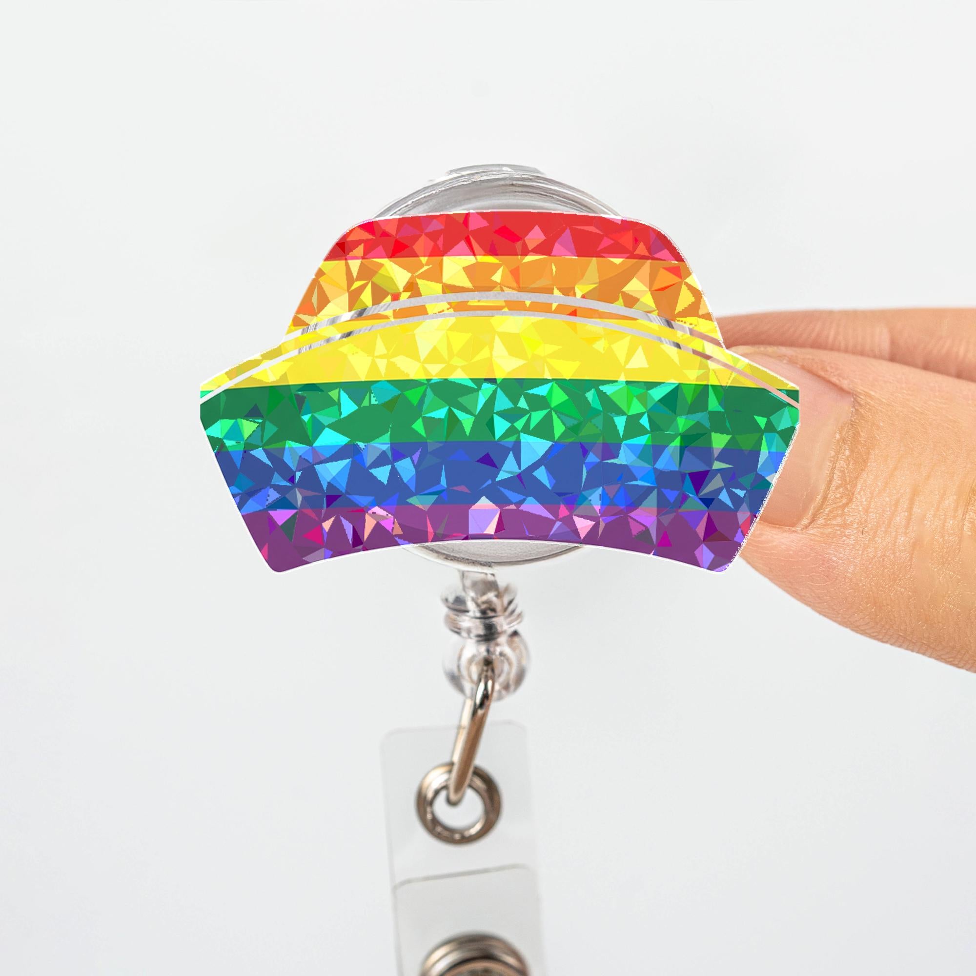 Rainbow Crystal Nurse Cap Hologram Badge Reel, LGBTQ Pride ID Holder, Holographic Geometric Retractable Lanyard, Nurse Gift, Ally Support