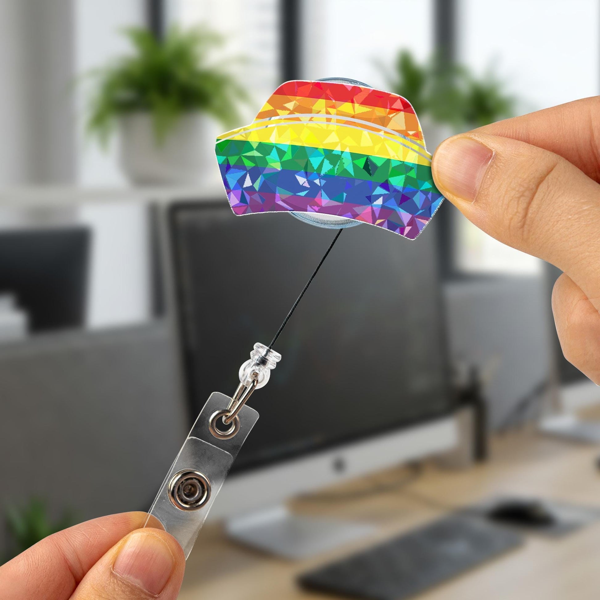 Rainbow Crystal Nurse Cap Hologram Badge Reel, LGBTQ Pride ID Holder, Holographic Geometric Retractable Lanyard, Nurse Gift, Ally Support