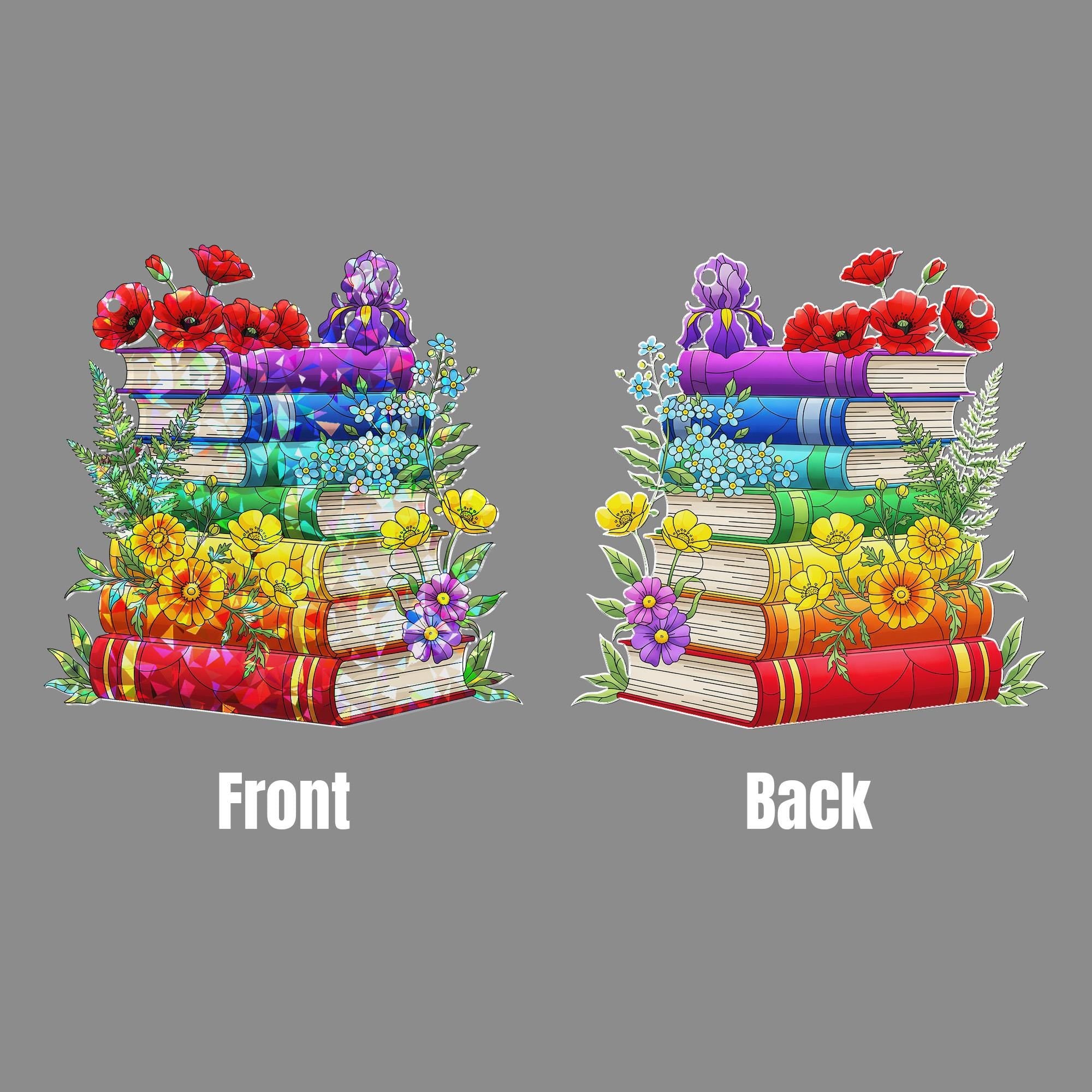 Stacked Pride Books with Flowers Holographic Acrylic Window Hanging Ornament, Book Lover Gift, LGBTQ+ Pride Month Floral Home Decor Art