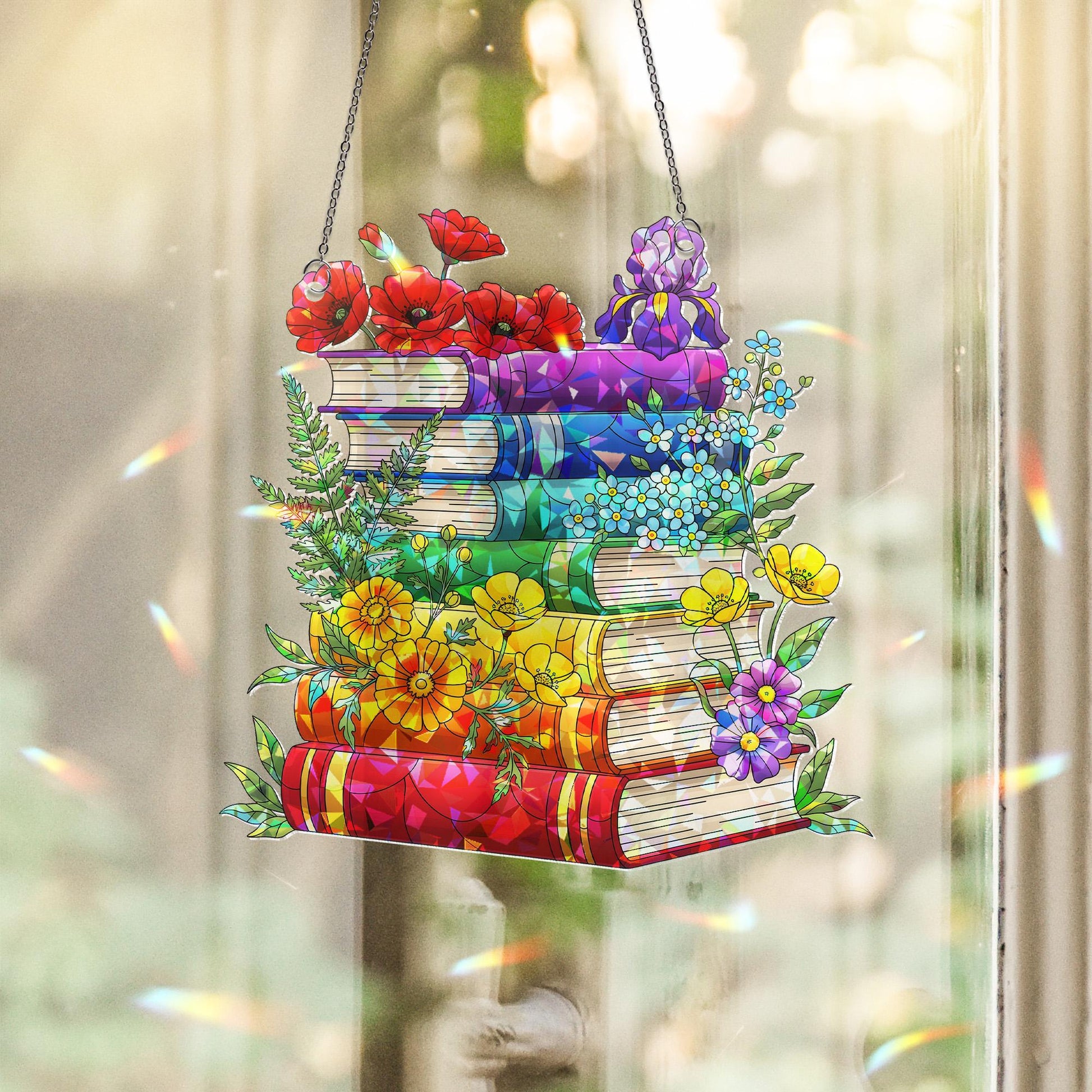 Stacked Pride Books with Flowers Holographic Acrylic Window Hanging Ornament, Book Lover Gift, LGBTQ+ Pride Month Floral Home Decor Art