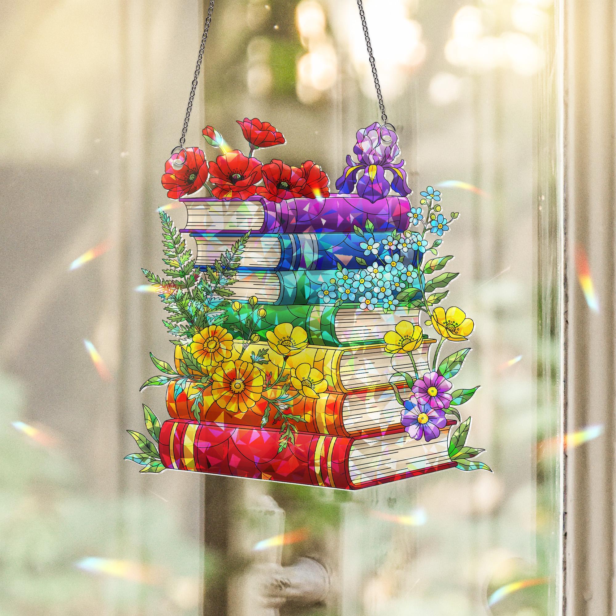 Stacked Pride Books with Flowers Holographic Acrylic Window Hanging Ornament, Book Lover Gift, LGBTQ+ Pride Month Floral Home Decor Art