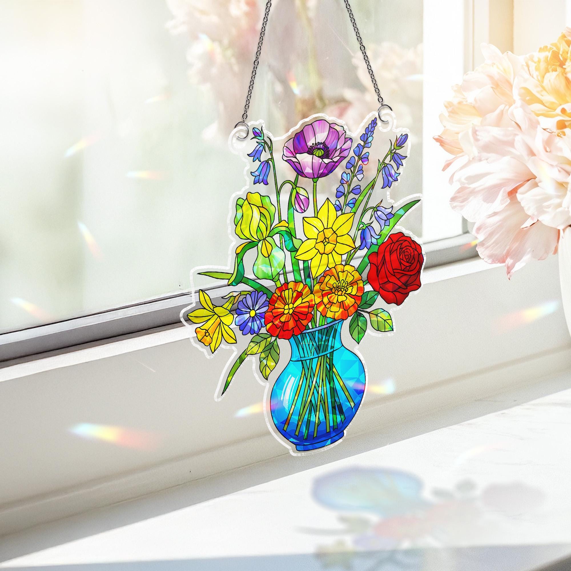Holographic Flower Vase Acrylic Window Hanging Ornament, Rainbow Prism Floral Decor, LGBT Pride Home Decor, LGBTQ Pride Gift