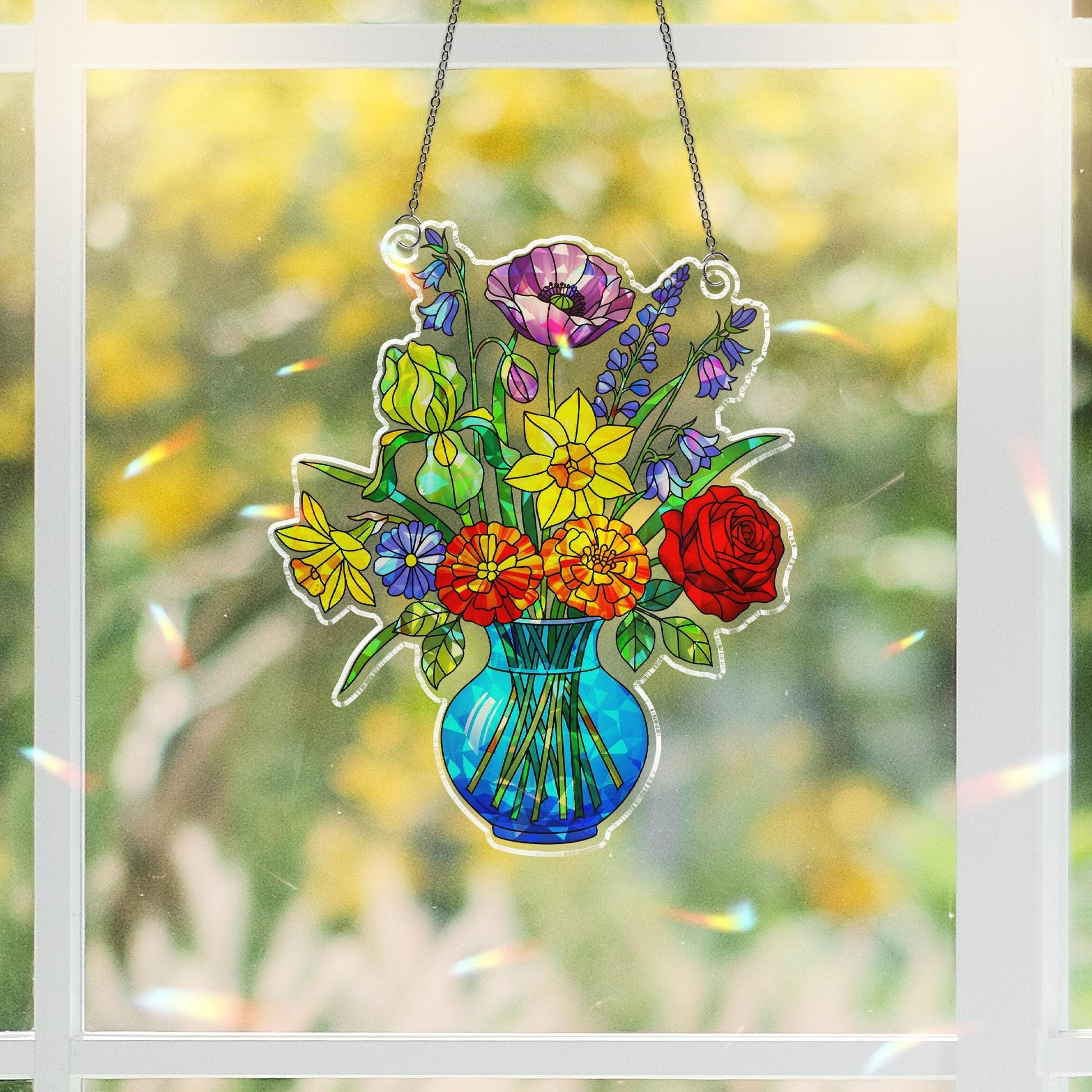 Holographic Flower Vase Acrylic Window Hanging Ornament, Rainbow Prism Floral Decor, LGBT Pride Home Decor, LGBTQ Pride Gift