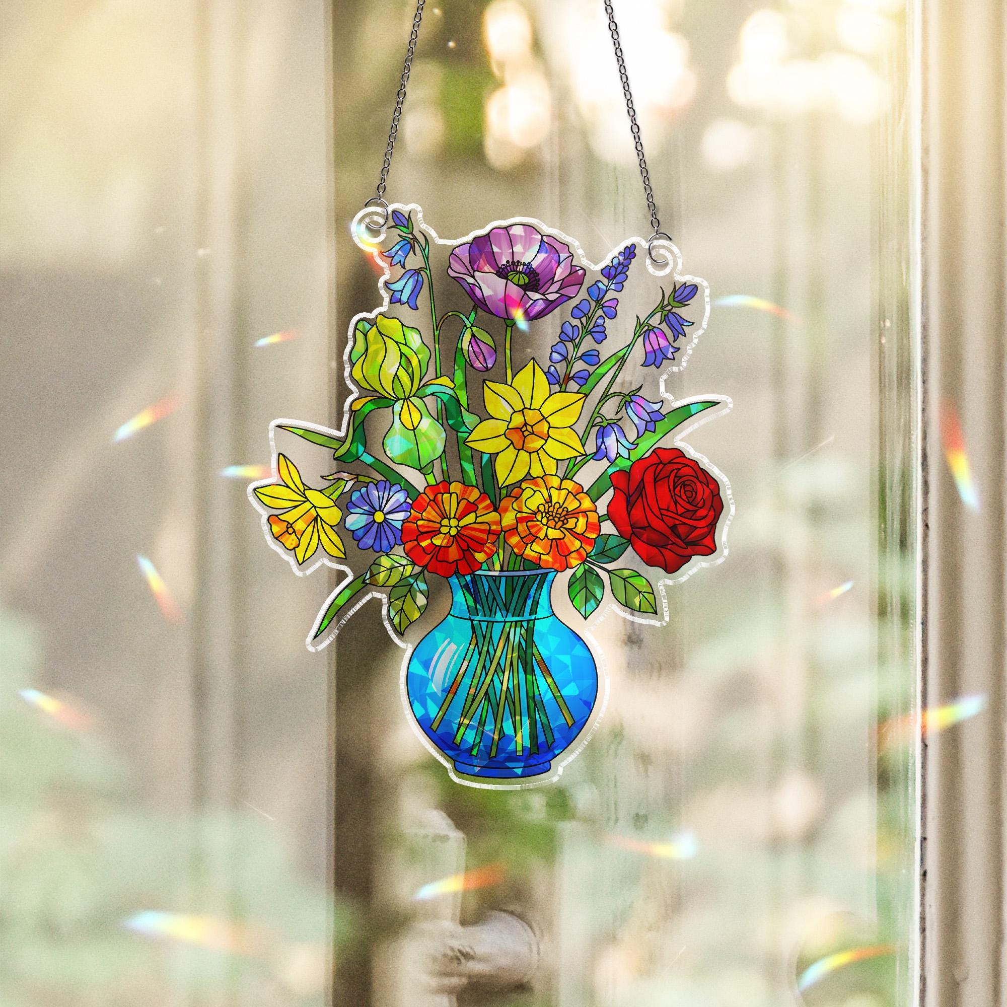 Holographic Flower Vase Acrylic Window Hanging Ornament, Rainbow Prism Floral Decor, LGBT Pride Home Decor, LGBTQ Pride Gift
