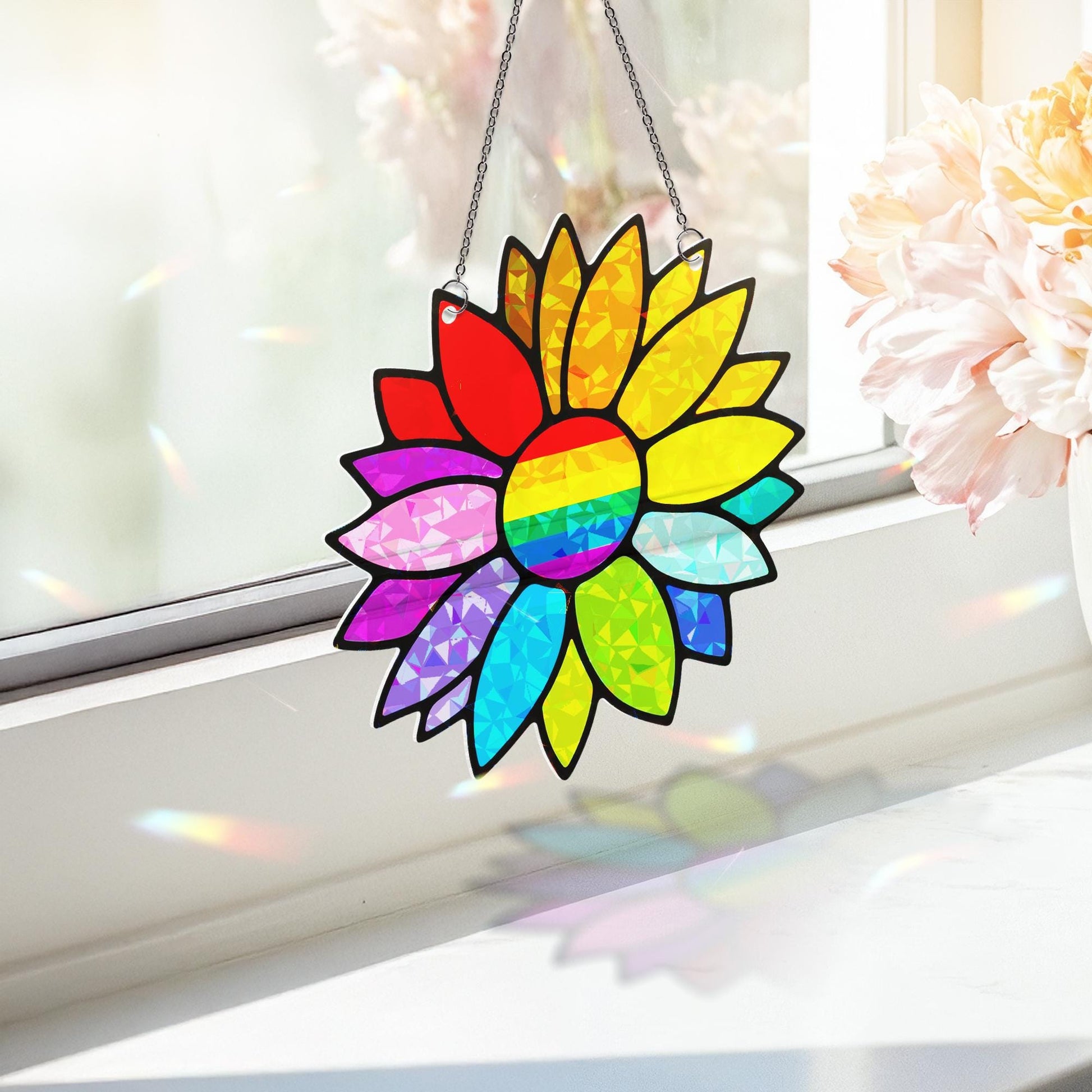 Holographic LGBT Rainbow Sunflower Acrylic Window Hanging Ornament, Colorful Floral Home Decor, Unique Gift Idea, LGBTQ+ Pride Month Gift