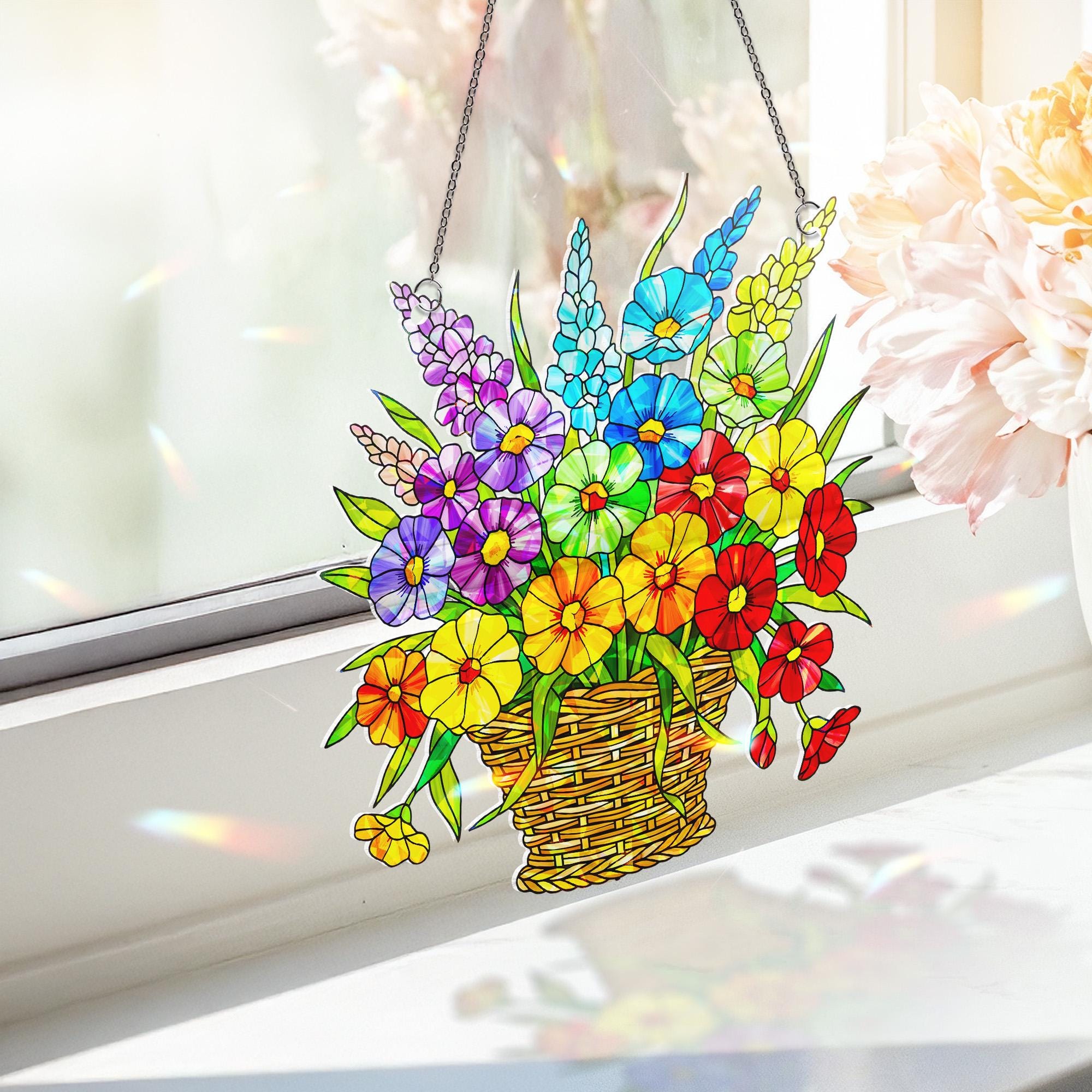 Holographic LGBT Flower Basket Acrylic Window Hanging Ornament, Rainbow Prism Floral Decor, LGBT Pride Home Decor, LGBTQ Pride Gift