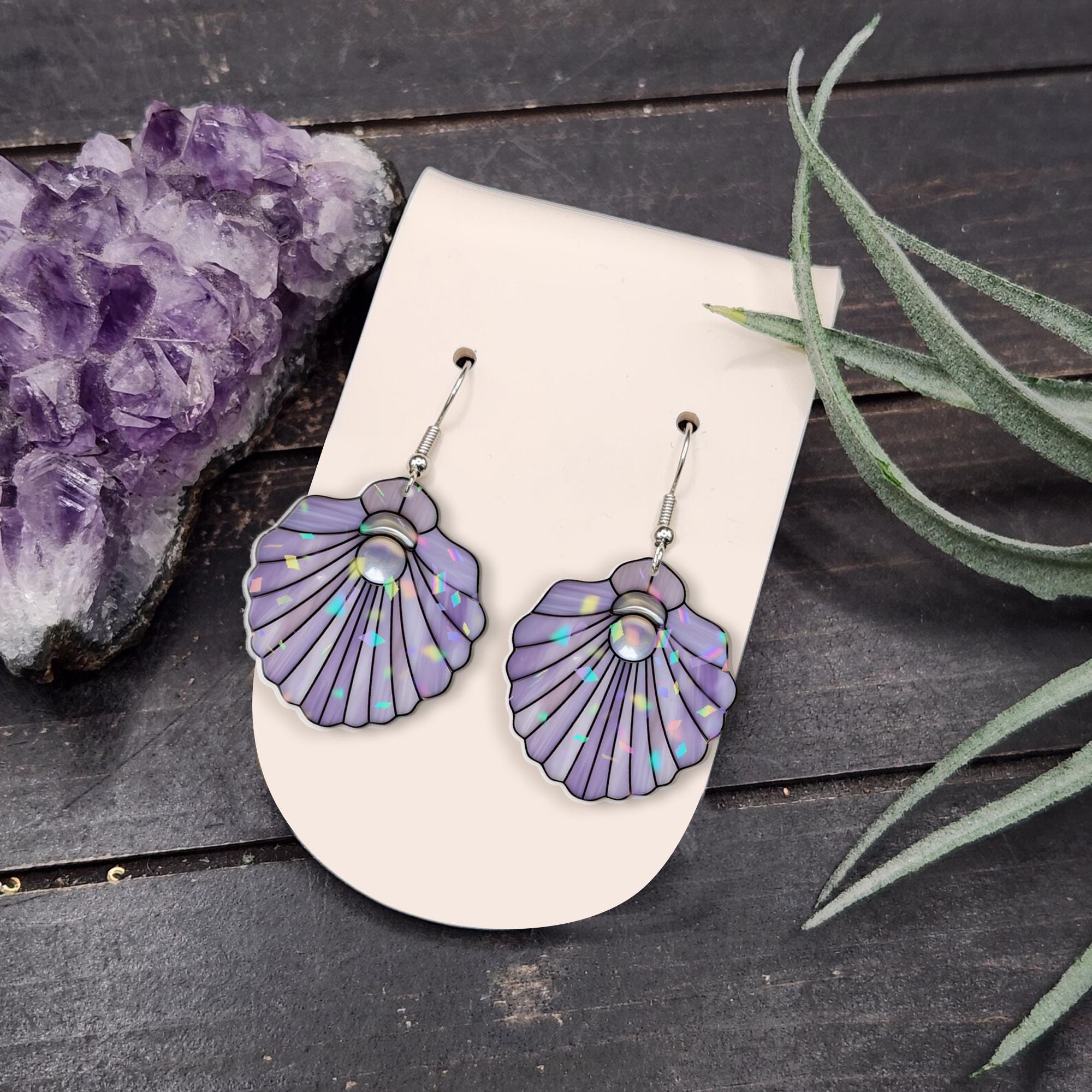 Purple Seashell Pearl Earrings – Ocean-Inspired Summer Jewelry, Beach Mermaid Aesthetic Gift for Her, Lightweight Statement Dangles
